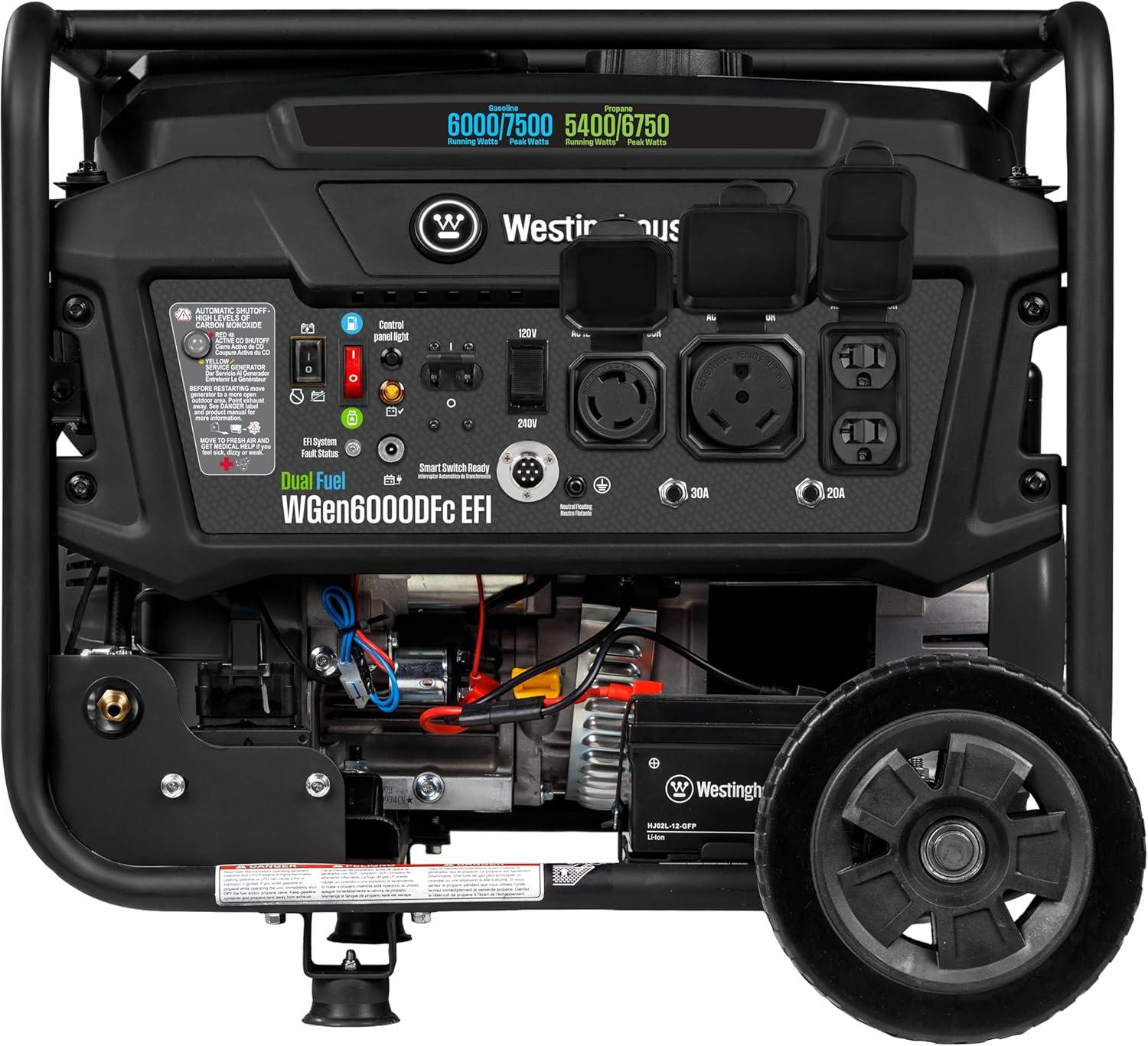 image:imageWestinghouse 7500 Peak Watt EFI Dual Fuel Home Backup Portable Generator Remote Electric Start Transfer Switch Ready Gas and Propane Powered CO Sensor CARB Compliant7500 Watts Dual Fuel EFI