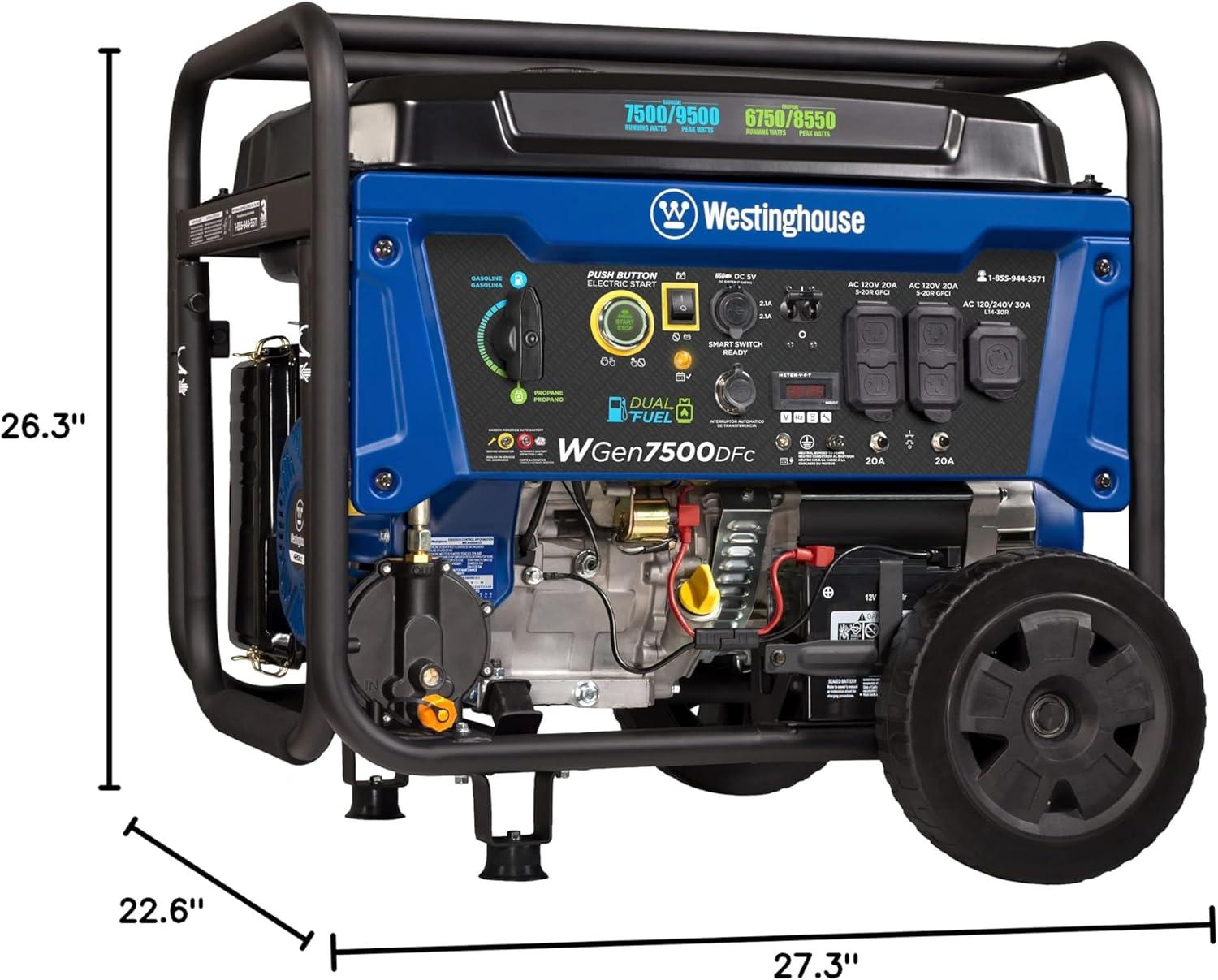 image:imageWestinghouse 7500 Peak Watt EFI Dual Fuel Home Backup Portable Generator Remote Electric Start Transfer Switch Ready Gas and Propane Powered CO Sensor CARB Compliant9500 Watts Dual Fuel CO Sensor