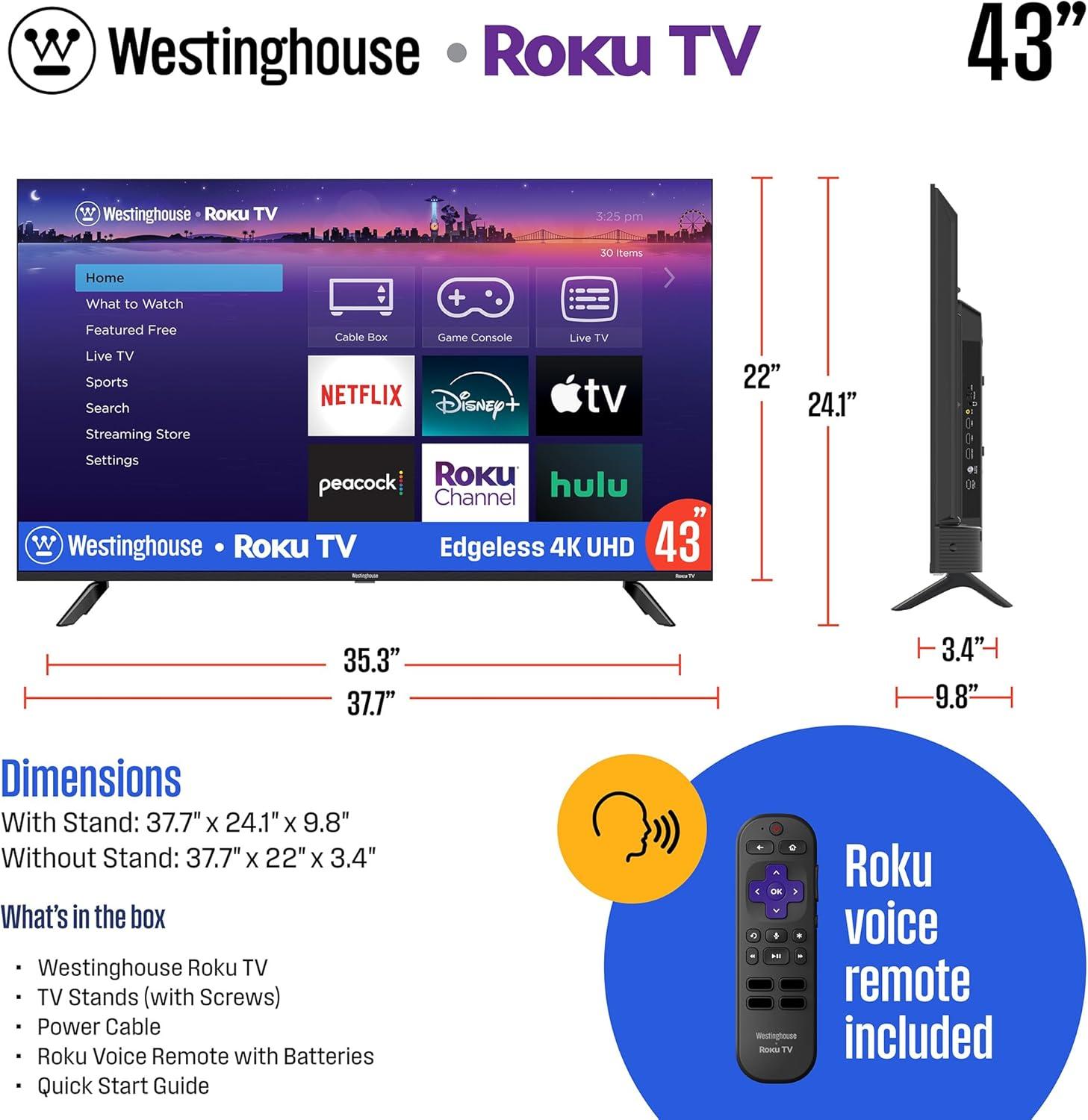 image:imageWestinghouse Edgeless Roku TV 32 Inch Smart Television LED HD wWiFi amp Mobile App Connectivity Flat Screen Compatible wApple AirPlay Alexa amp Google Assistant43 Inch Edgeless 4K