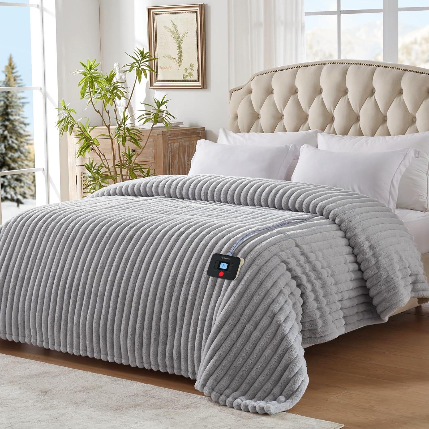 image:imageWestinghouse Electric Blanket Heated Throw Super Cozy Luxury Faux Fur amp Sherpa with 6 Heating Levels amp 210 Hours Auto Off Fast Heating amp Overheat Protection 50x60 Inch BurgundyLightgrey Stripe