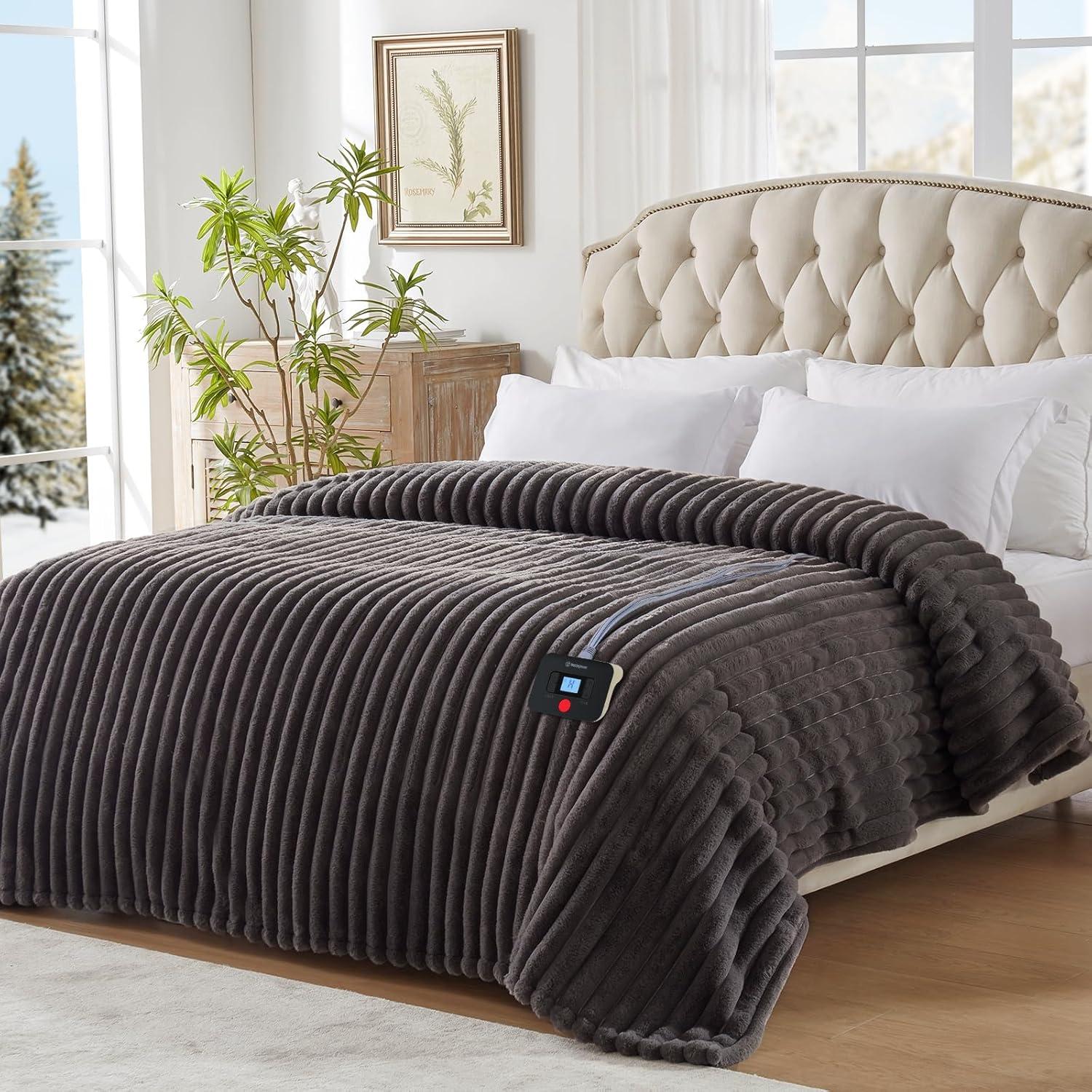 image:imageWestinghouse Electric Blanket Heated Throw Super Cozy Luxury Faux Fur amp Sherpa with 6 Heating Levels amp 210 Hours Auto Off Fast Heating amp Overheat Protection 50x60 Inch BurgundyDarkgrey Stripe