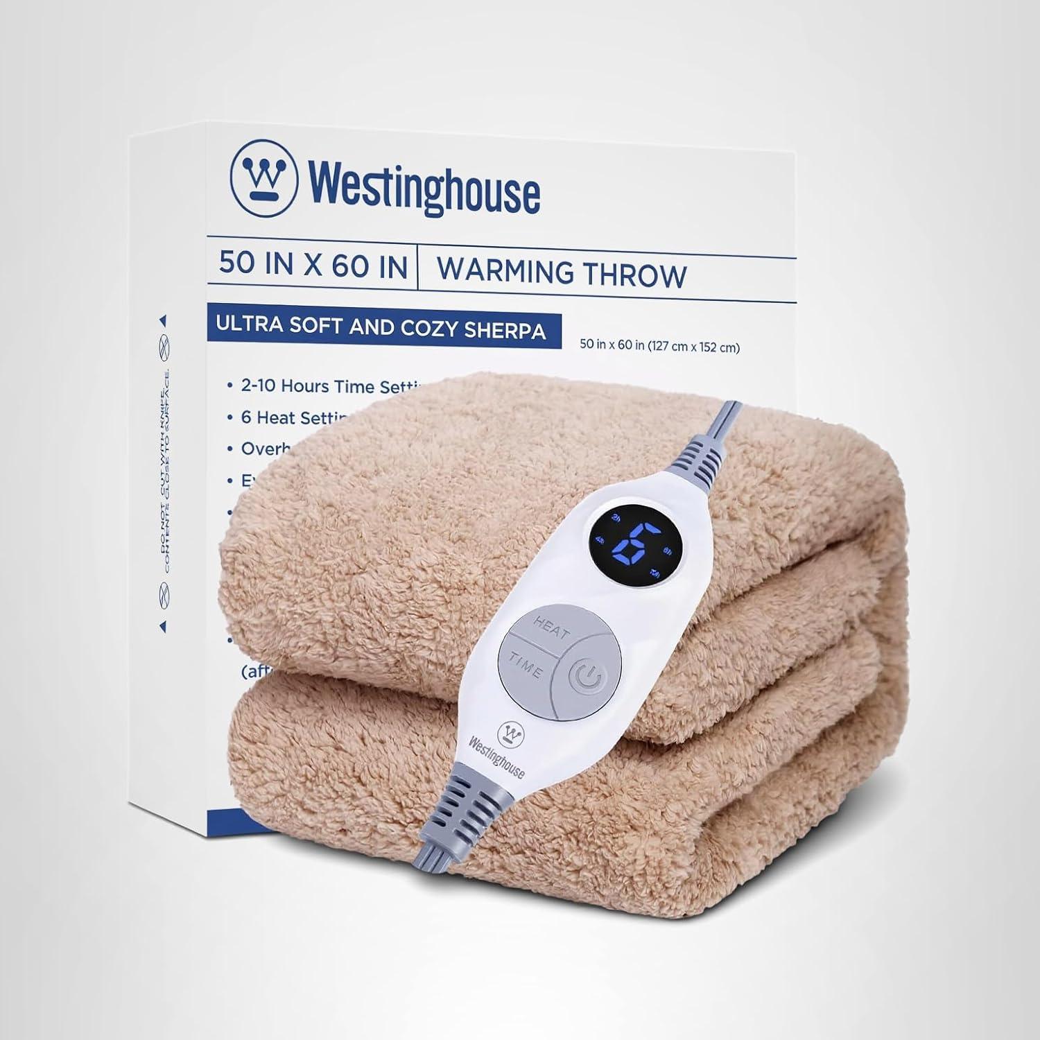 image:imageWestinghouse Electric Blanket Throw Size Soft Plush Sherpa Heated Blanket with 6 Heating Levels amp 210 Hours AutoOff Machine Washable 50x60 inches RustCamel