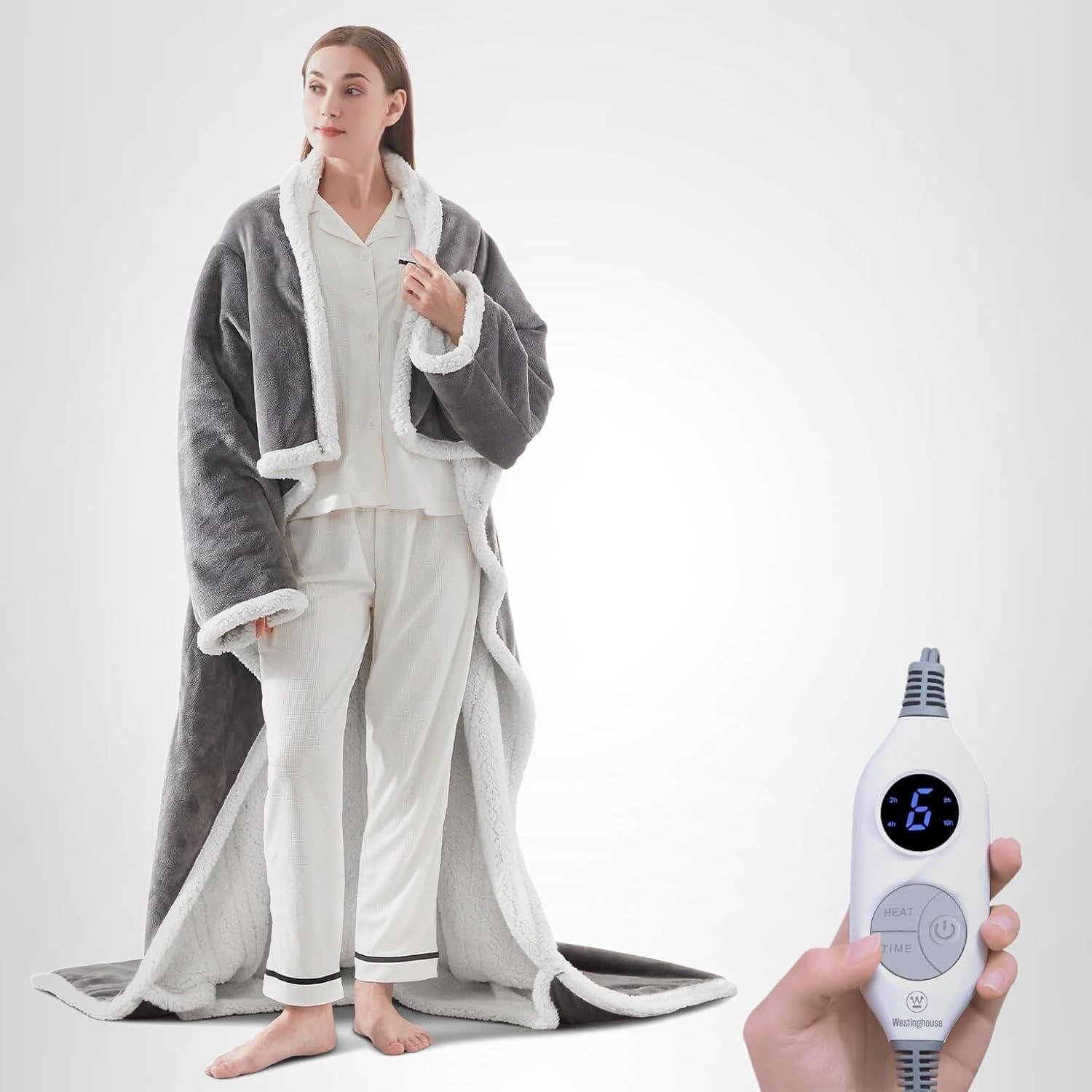 image:imageWestinghouse Electric Snuggle Throw Blankets with Foot Pocket Wearable Heated Blanket with Sleeves 6 Heating Levels amp 2 to 10 Hours Heating Time Settings 50 7018 GreyLight Greyivory