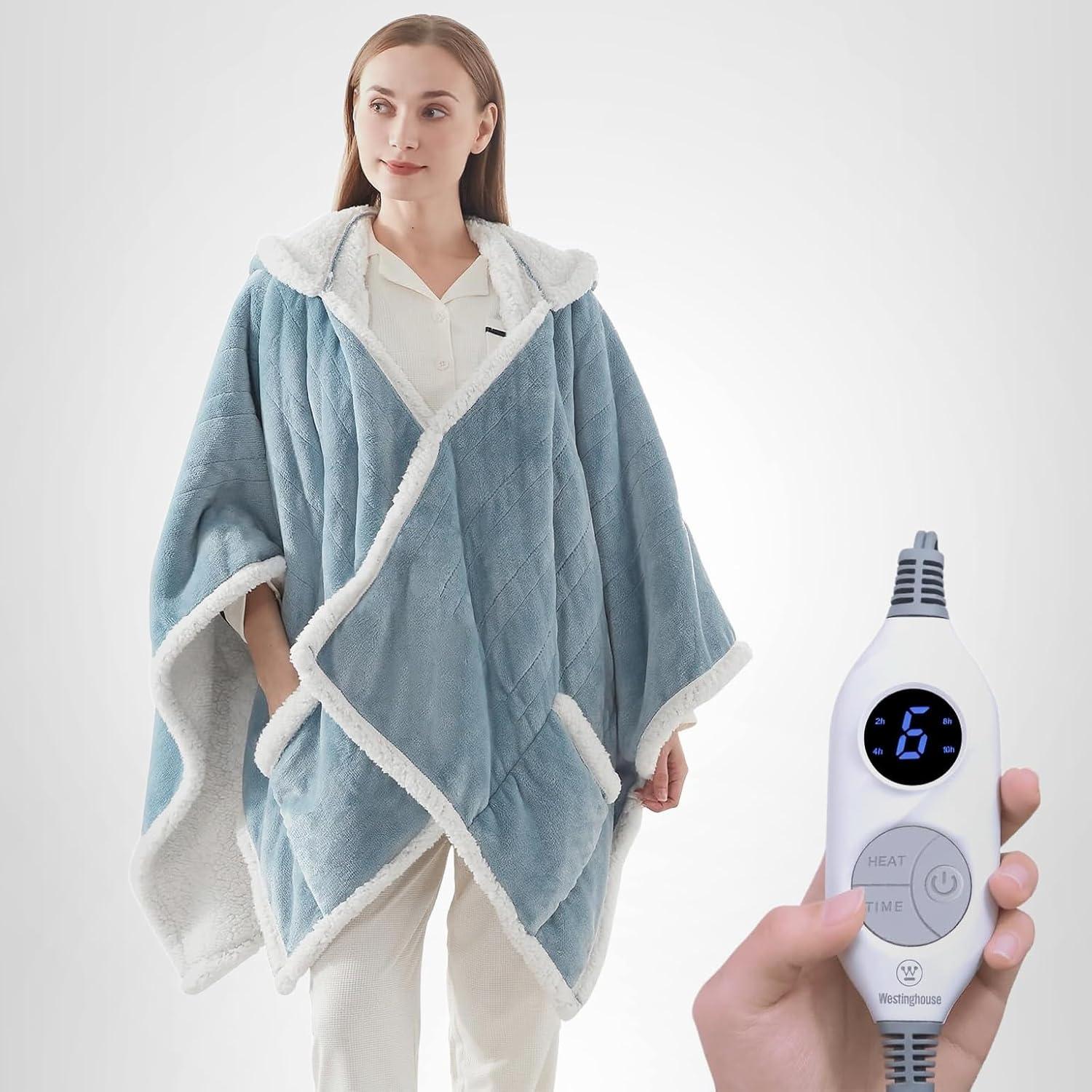 image:imageWestinghouse Electric Snuggle Throw Blankets with Foot Pocket Wearable Heated Blanket with Sleeves 6 Heating Levels amp 2 to 10 Hours Heating Time Settings 50 7018 GreyLight Blue