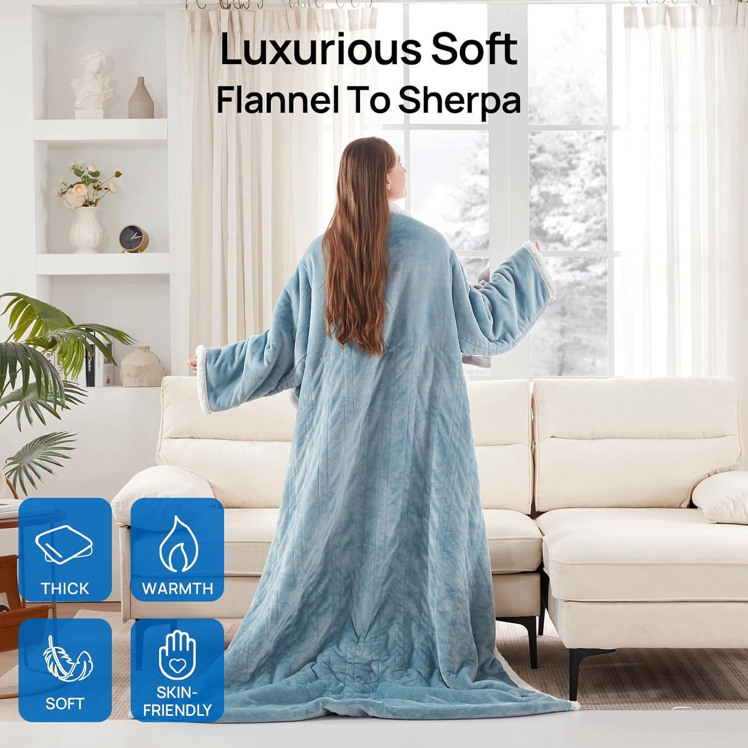 image:imageWestinghouse Electric Snuggle Throw Blankets with Foot Pocket Wearable Heated Blanket with Sleeves 6 Heating Levels amp 2 to 10 Hours Heating Time Settings 50 7018 GreyLight Blueivory