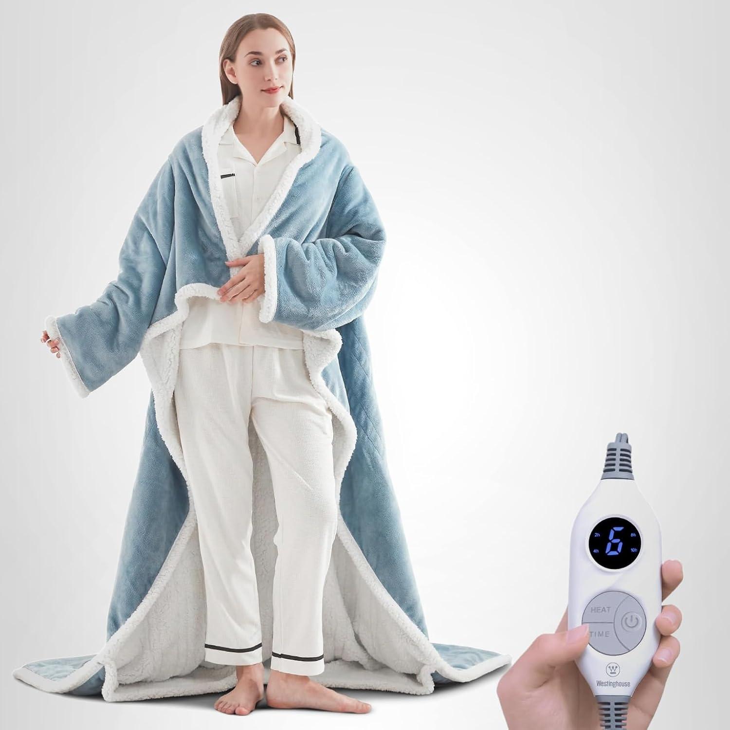 image:imageWestinghouse Electric Snuggle Throw Blankets with Foot Pocket Wearable Heated Blanket with Sleeves 6 Heating Levels amp 2 to 10 Hours Heating Time Settings 50 7018 GreyLight Blueivory