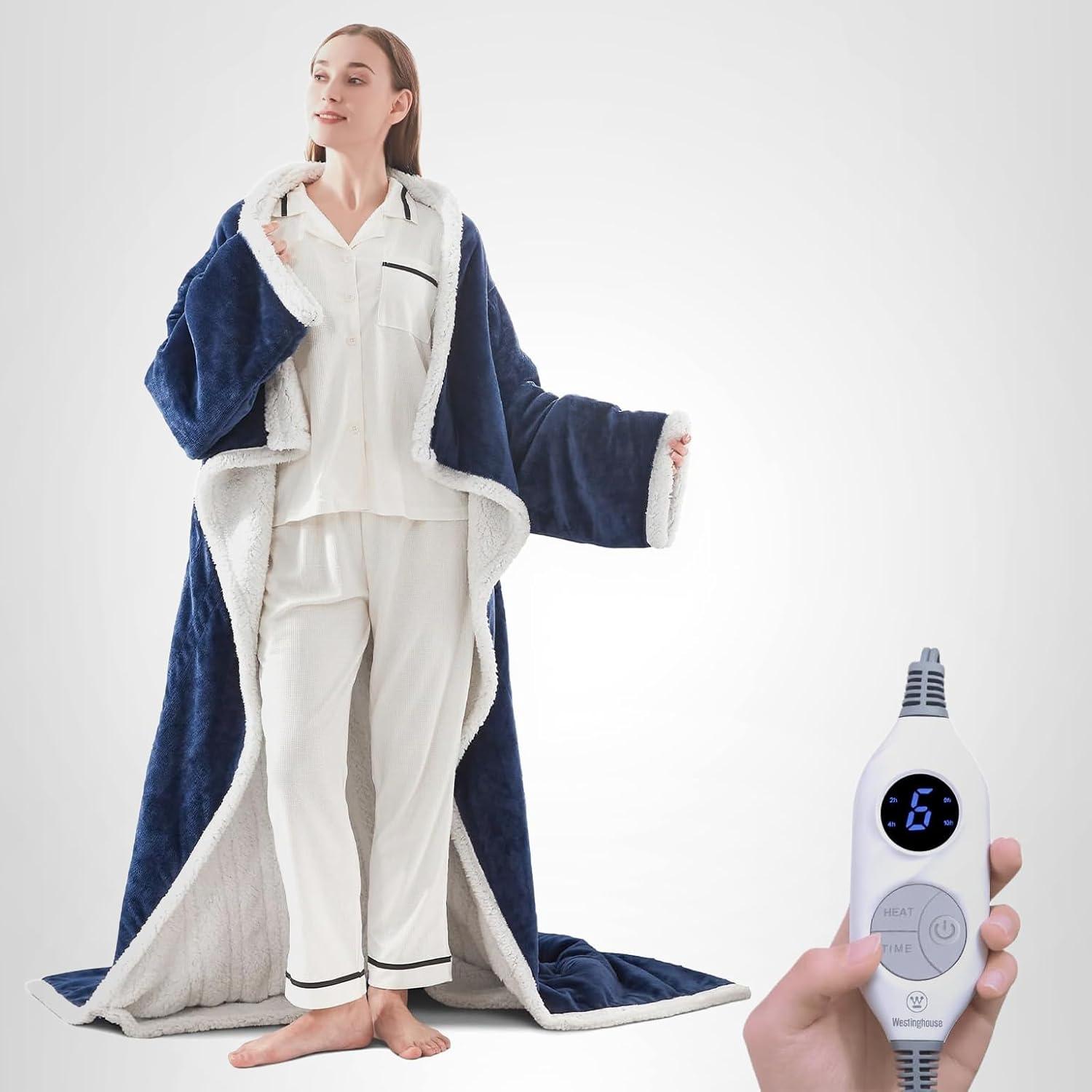 image:imageWestinghouse Electric Snuggle Throw Blankets with Foot Pocket Wearable Heated Blanket with Sleeves 6 Heating Levels amp 2 to 10 Hours Heating Time Settings 50 7018 GreyNavy Blueivory