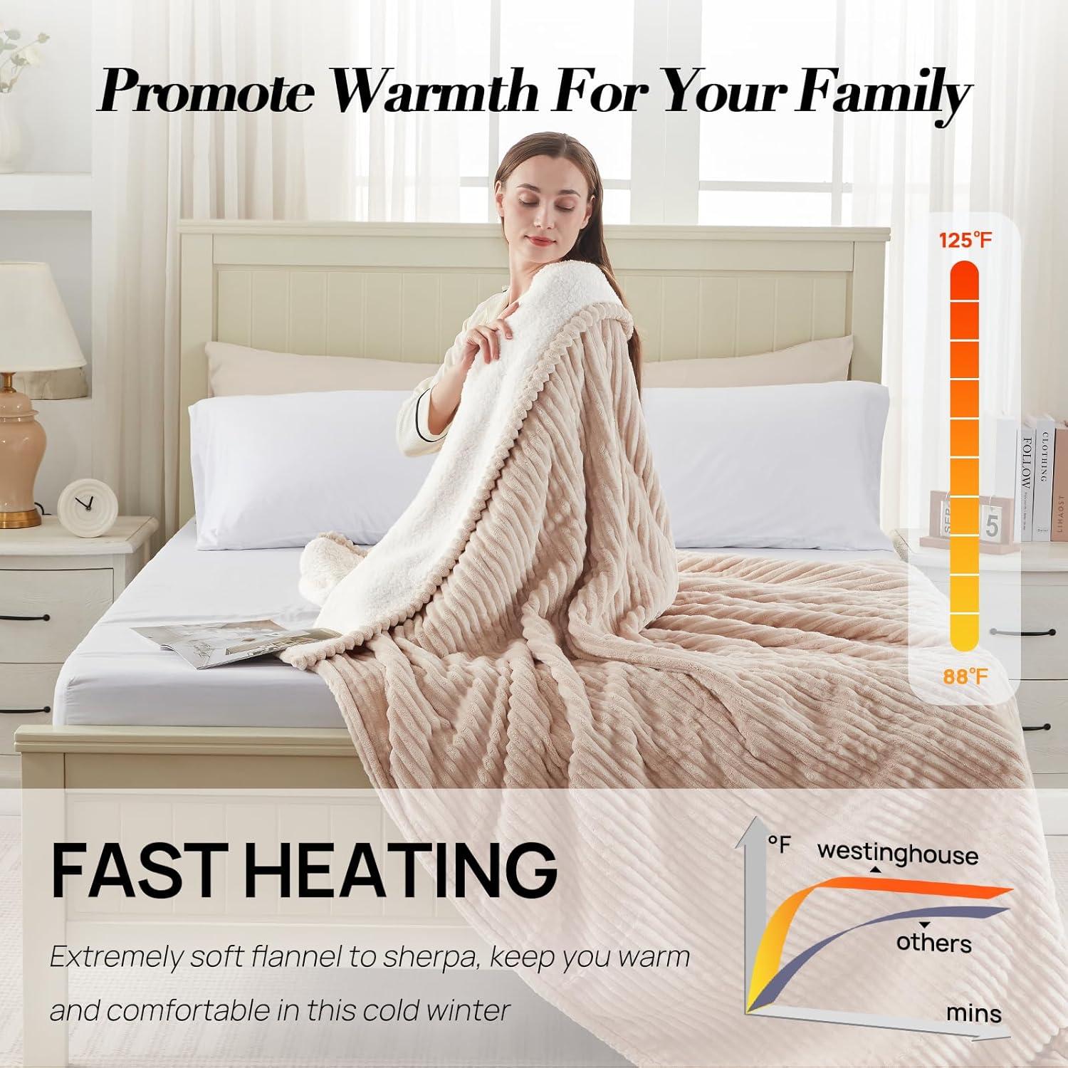 image:imageWestinghouse Full Size Heated Blanket Soft Flannel to Sherpa Reversible Electric Blanket Full with 10 Heating Settings amp 112 Hours Auto Shut Off Machine Washable 72 x 84 BeigeBeige