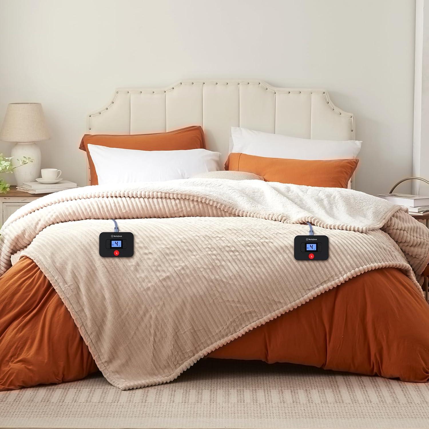 image:imageWestinghouse Full Size Heated Blanket Soft Flannel to Sherpa Reversible Electric Blanket Full with 10 Heating Settings amp 112 Hours Auto Shut Off Machine Washable 72 x 84 BeigeBeige