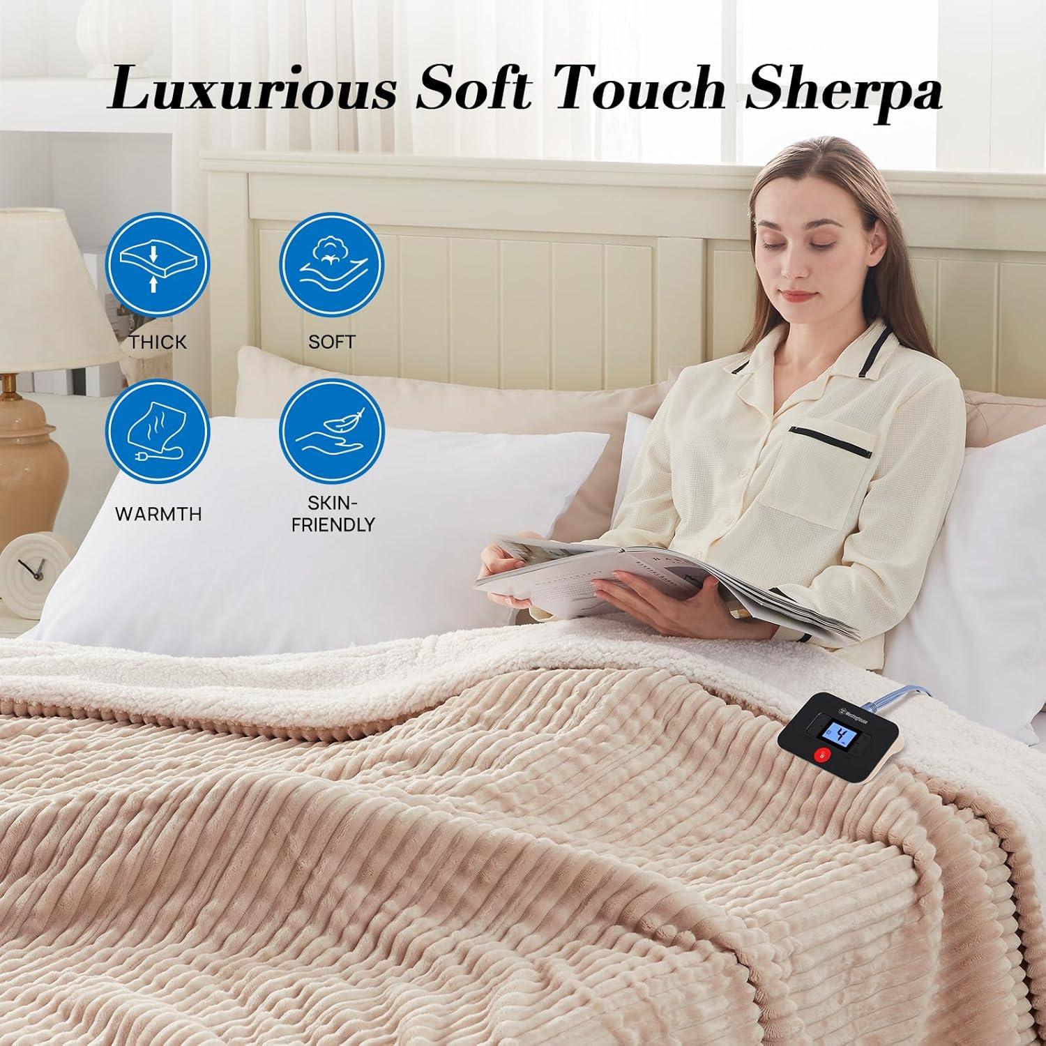 image:imageWestinghouse Full Size Heated Blanket Soft Flannel to Sherpa Reversible Electric Blanket Full with 10 Heating Settings amp 112 Hours Auto Shut Off Machine Washable 72 x 84 BeigeBeige