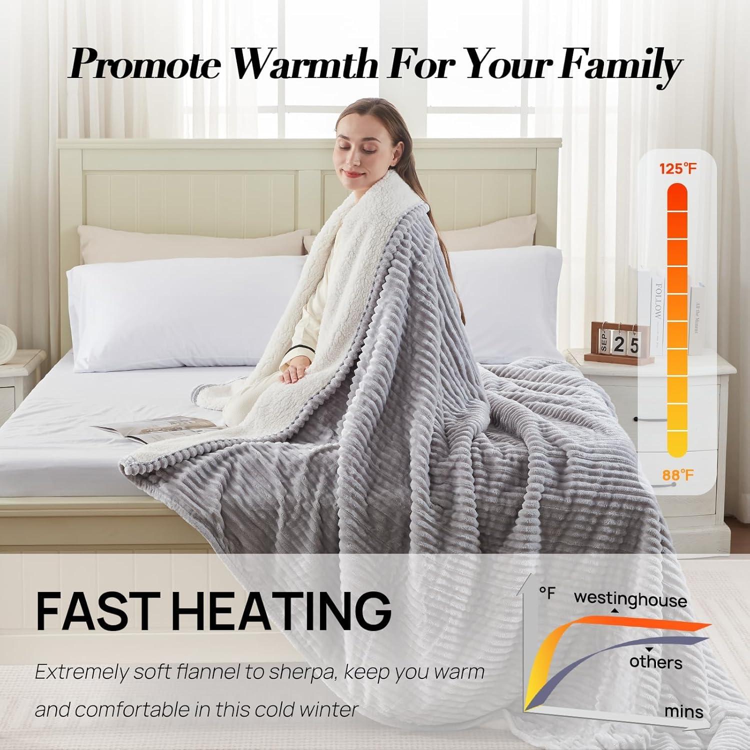 image:imageWestinghouse Full Size Heated Blanket Soft Flannel to Sherpa Reversible Electric Blanket Full with 10 Heating Settings amp 112 Hours Auto Shut Off Machine Washable 72 x 84 BeigeLight Grey