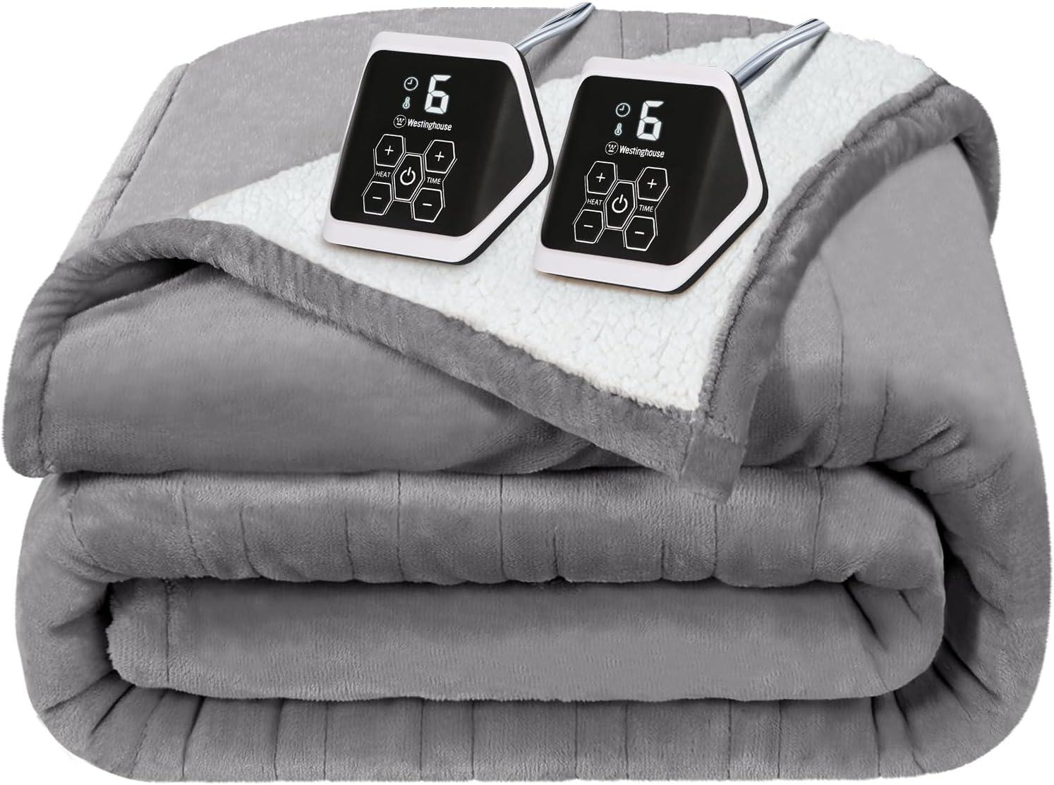 image:imageWestinghouse Heated Blanket Twin Size Soft Flannel to Sherpa Electric Blanket with 10 Heating Levels 12 Hours Auto Off Fast Heating Machine Washable 62x84 Inch CharcoalLight Grey