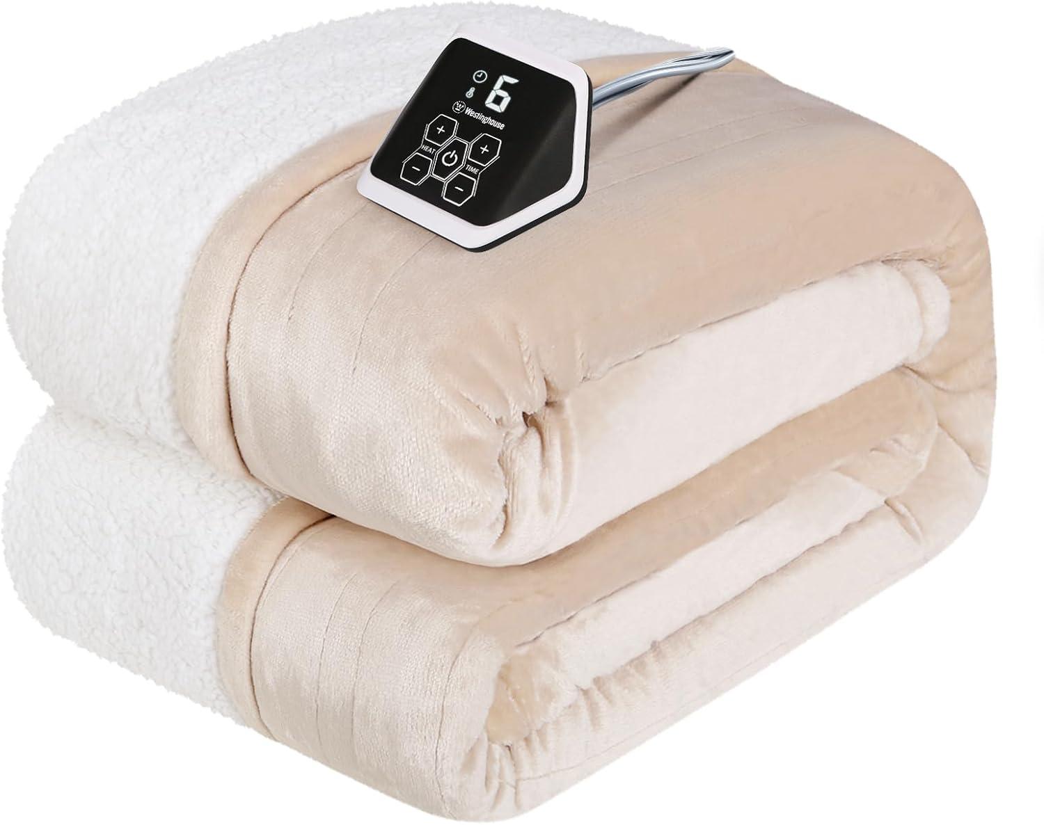 image:imageWestinghouse Heated Blanket Twin Size Soft Flannel to Sherpa Electric Blanket with 10 Heating Levels 12 Hours Auto Off Fast Heating Machine Washable 62x84 Inch CharcoalBeige