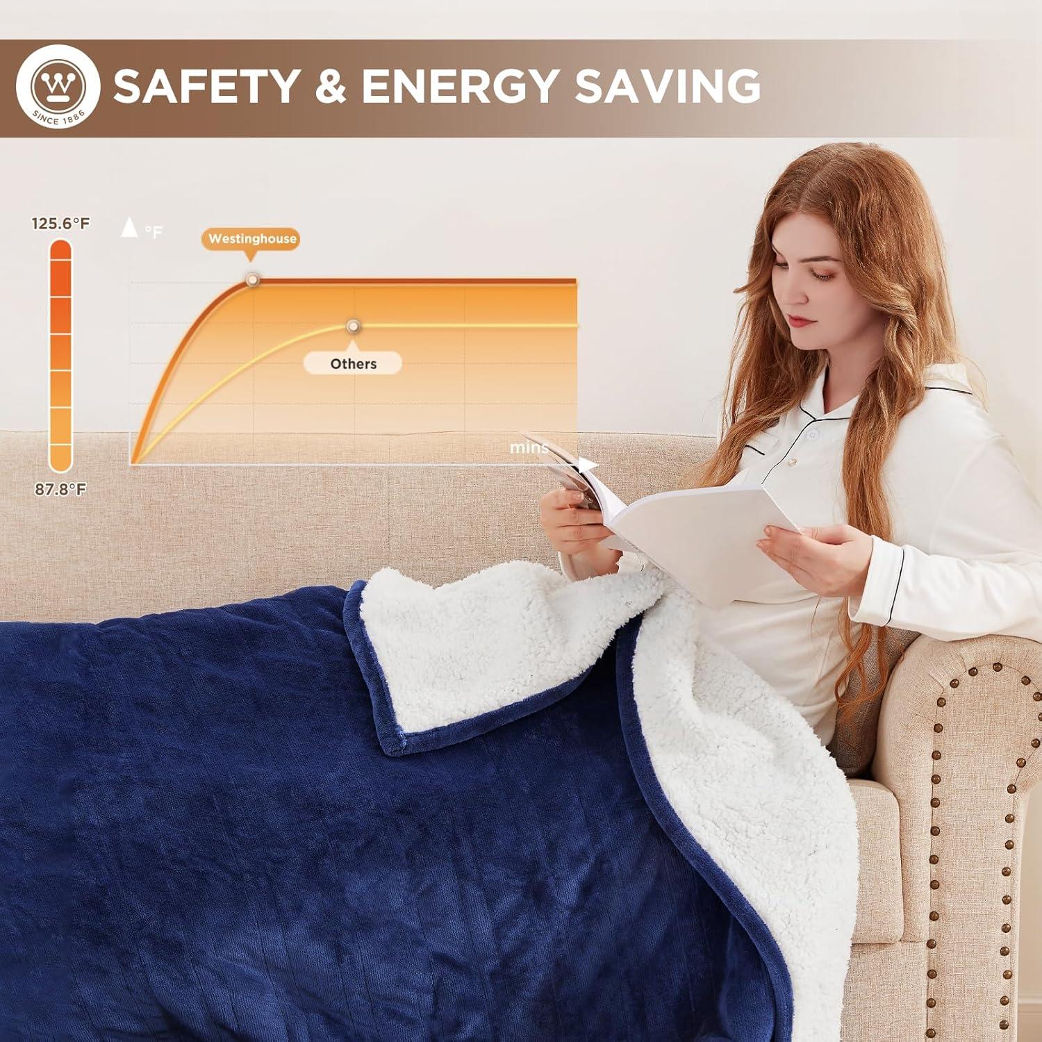 image:imageWestinghouse Heated Blanket Twin Size Soft Flannel to Sherpa Electric Blanket with 10 Heating Levels 12 Hours Auto Off Fast Heating Machine Washable 62x84 Inch CharcoalNavy Blue