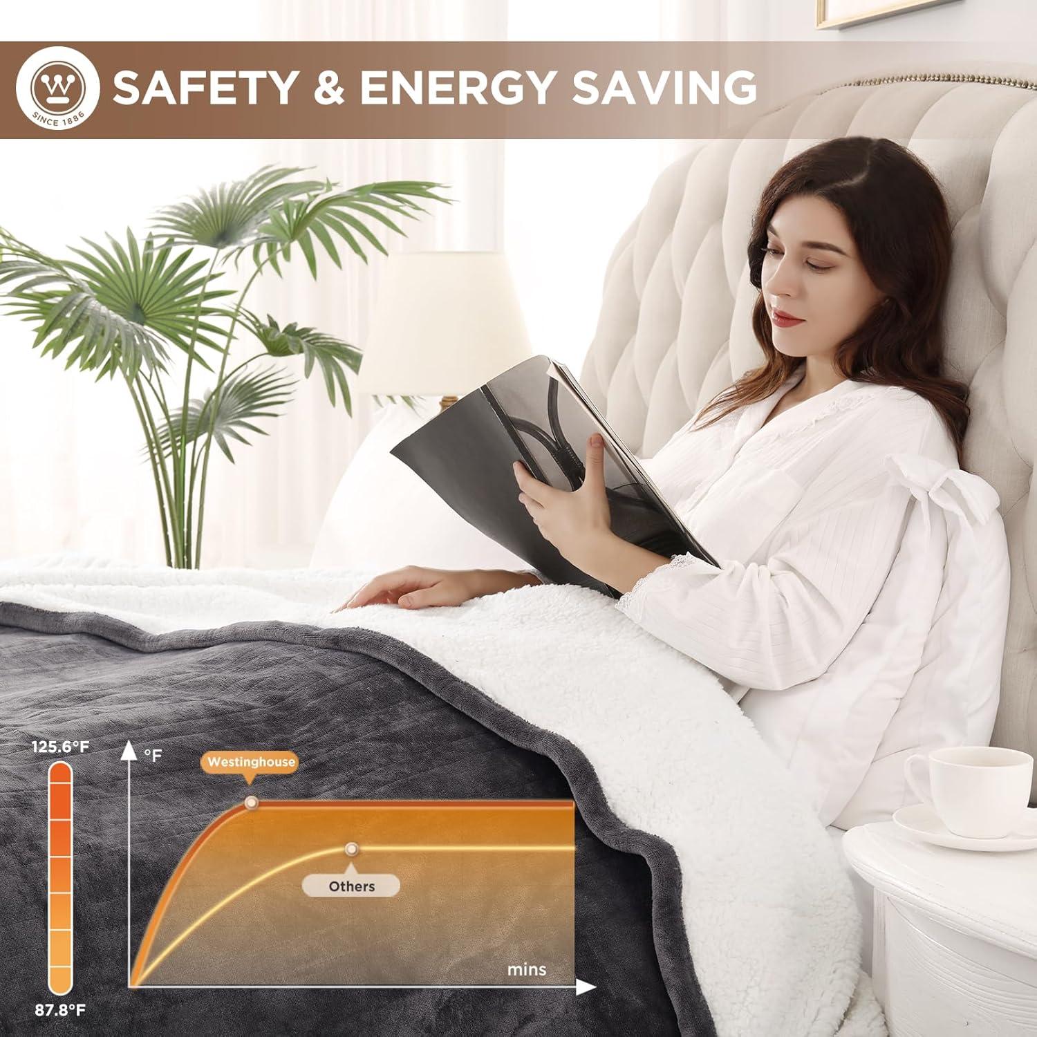 image:imageWestinghouse Heated Blanket Twin Size Soft Flannel to Sherpa Electric Blanket with 10 Heating Levels 12 Hours Auto Off Fast Heating Machine Washable 62x84 Inch CharcoalCharcoal
