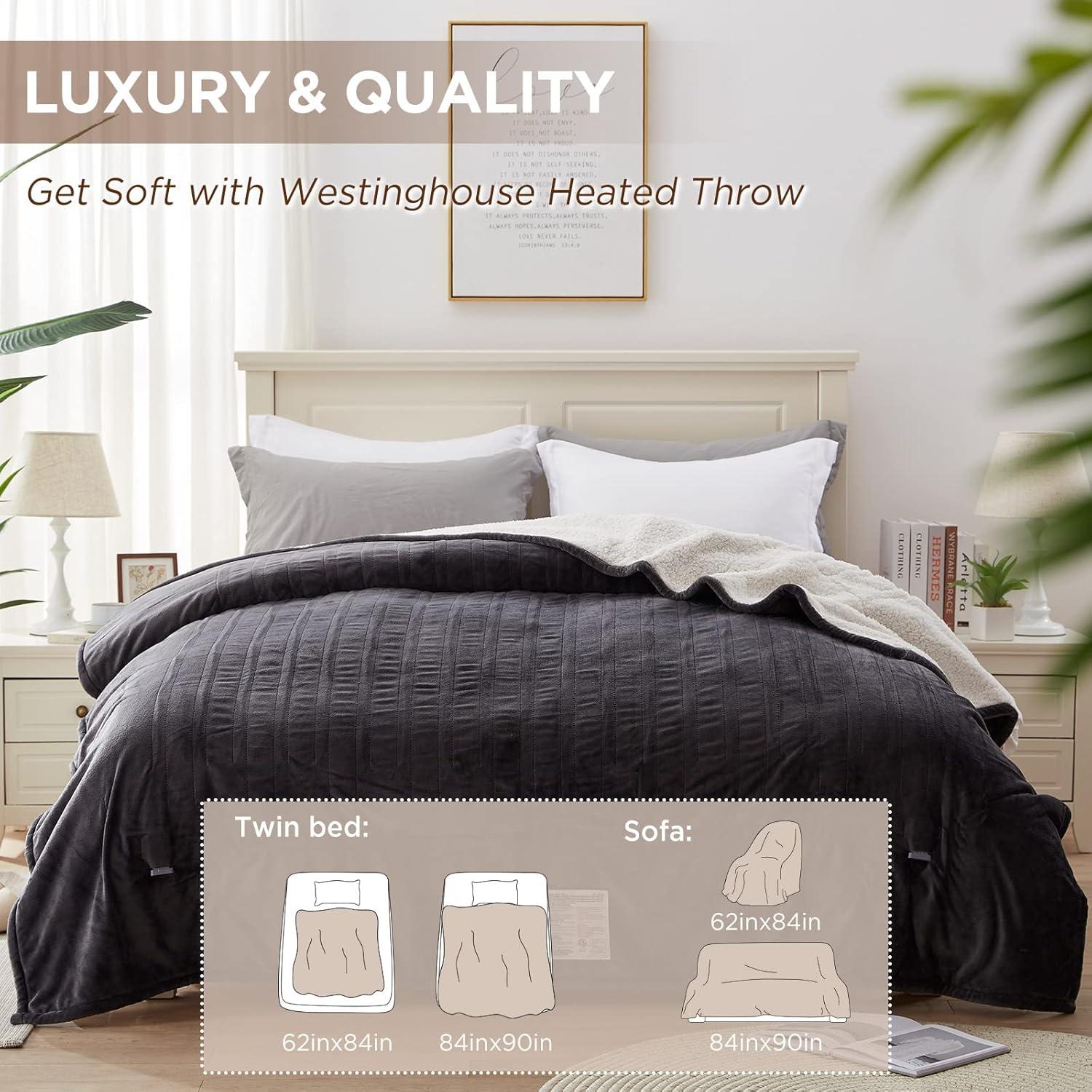 image:imageWestinghouse Heated Blanket Twin Size Soft Flannel to Sherpa Electric Blanket with 10 Heating Levels 12 Hours Auto Off Fast Heating Machine Washable 62x84 Inch CharcoalCharcoal