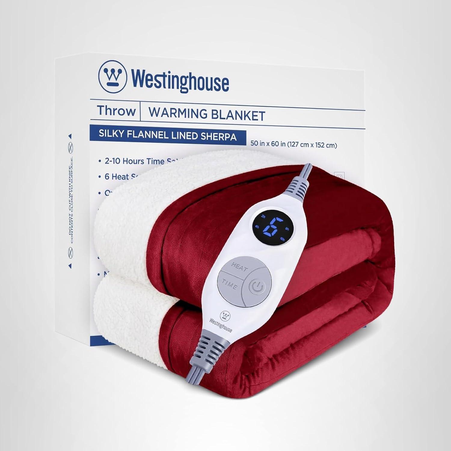 image:imageWestinghouse Heated Blanket Twin Size Soft Flannel to Sherpa Electric Blanket with 10 Heating Levels 12 Hours Auto Off Fast Heating Machine Washable 62x84 Inch CharcoalRed