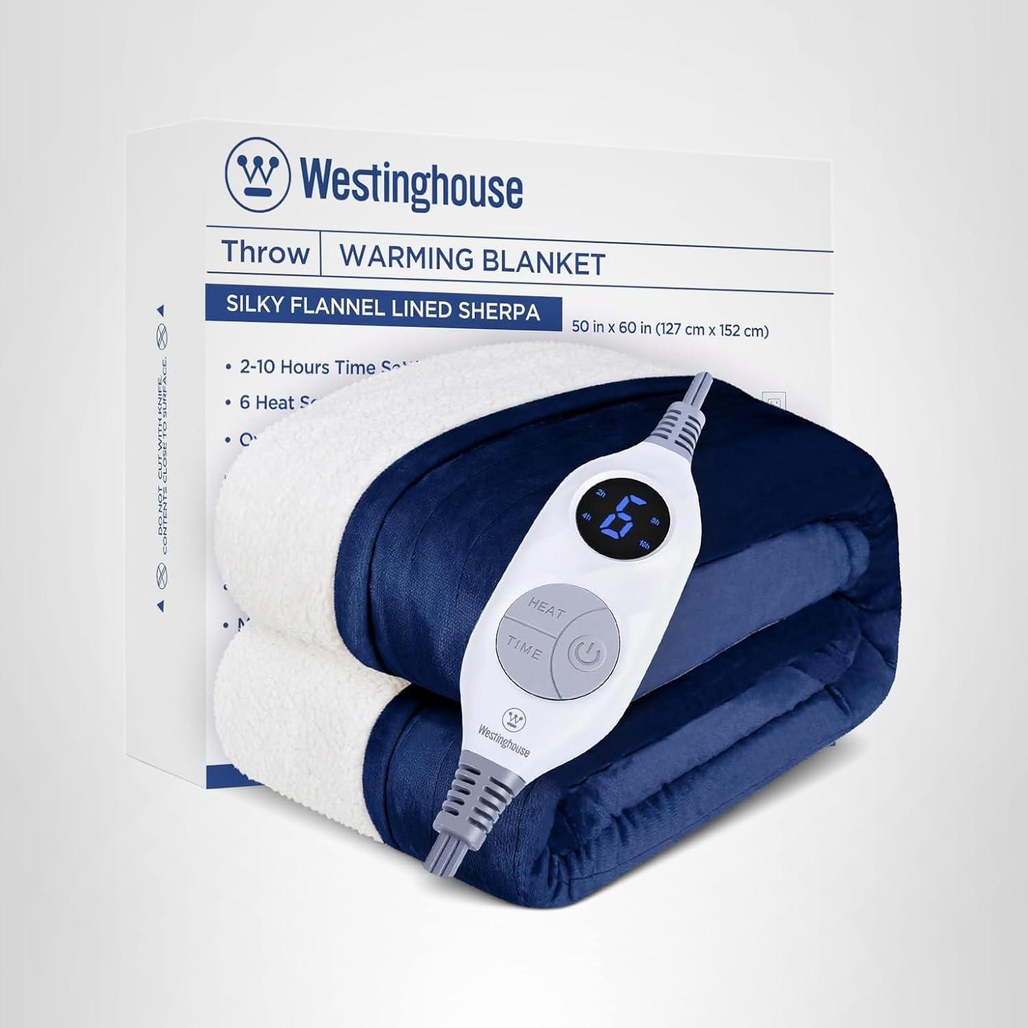 image:imageWestinghouse Heated Throw Blanket Soft Flannel to Sherpa Electric Throw with 6 Heating Levels 210 Hours Time Settings Fast Heating Machine Washable 50x60 Inch Light GreyNavy Blue