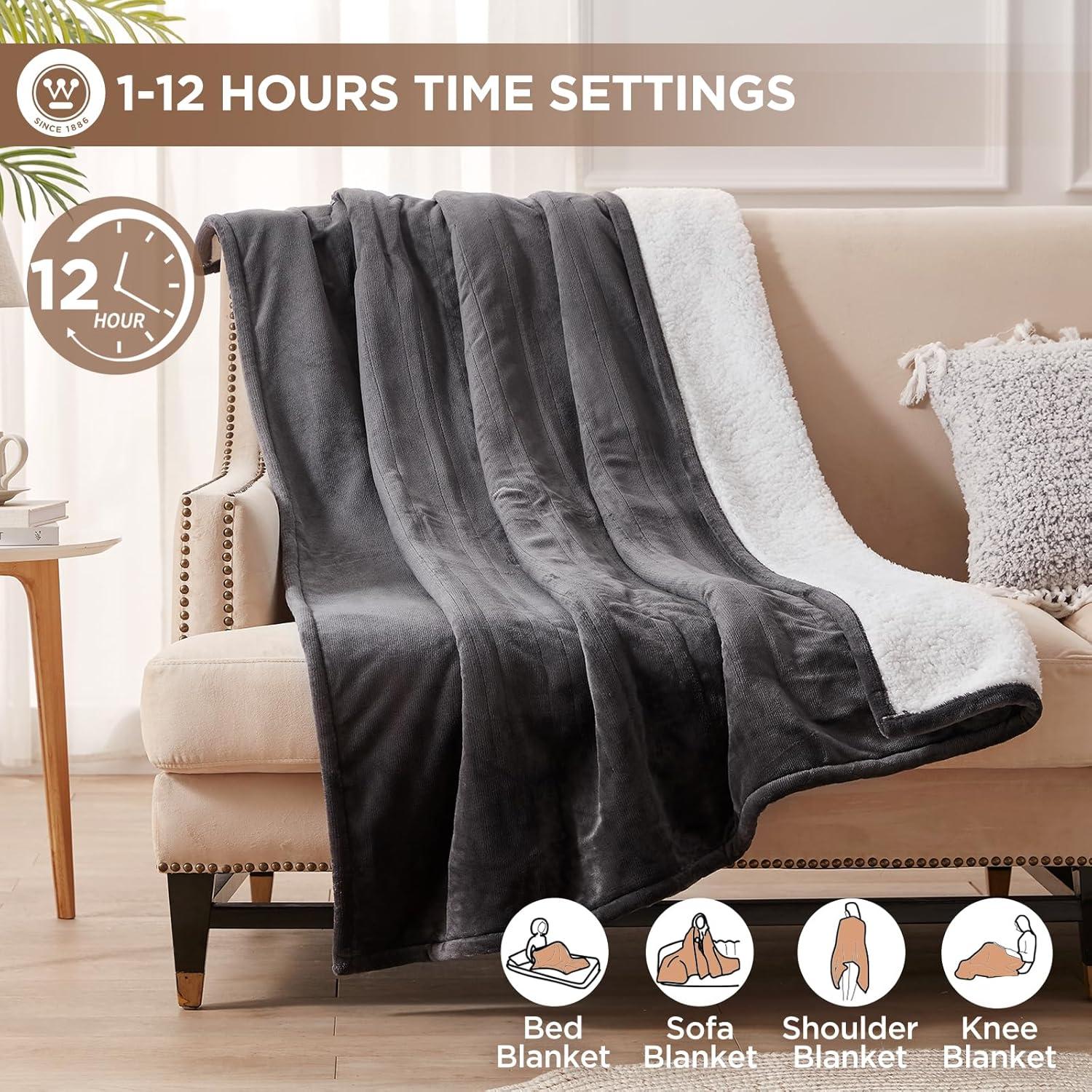 image:imageWestinghouse Heated Throw Blanket Soft Flannel to Sherpa Electric Throw with 6 Heating Levels 210 Hours Time Settings Fast Heating Machine Washable 50x60 Inch Light GreyCharcoal