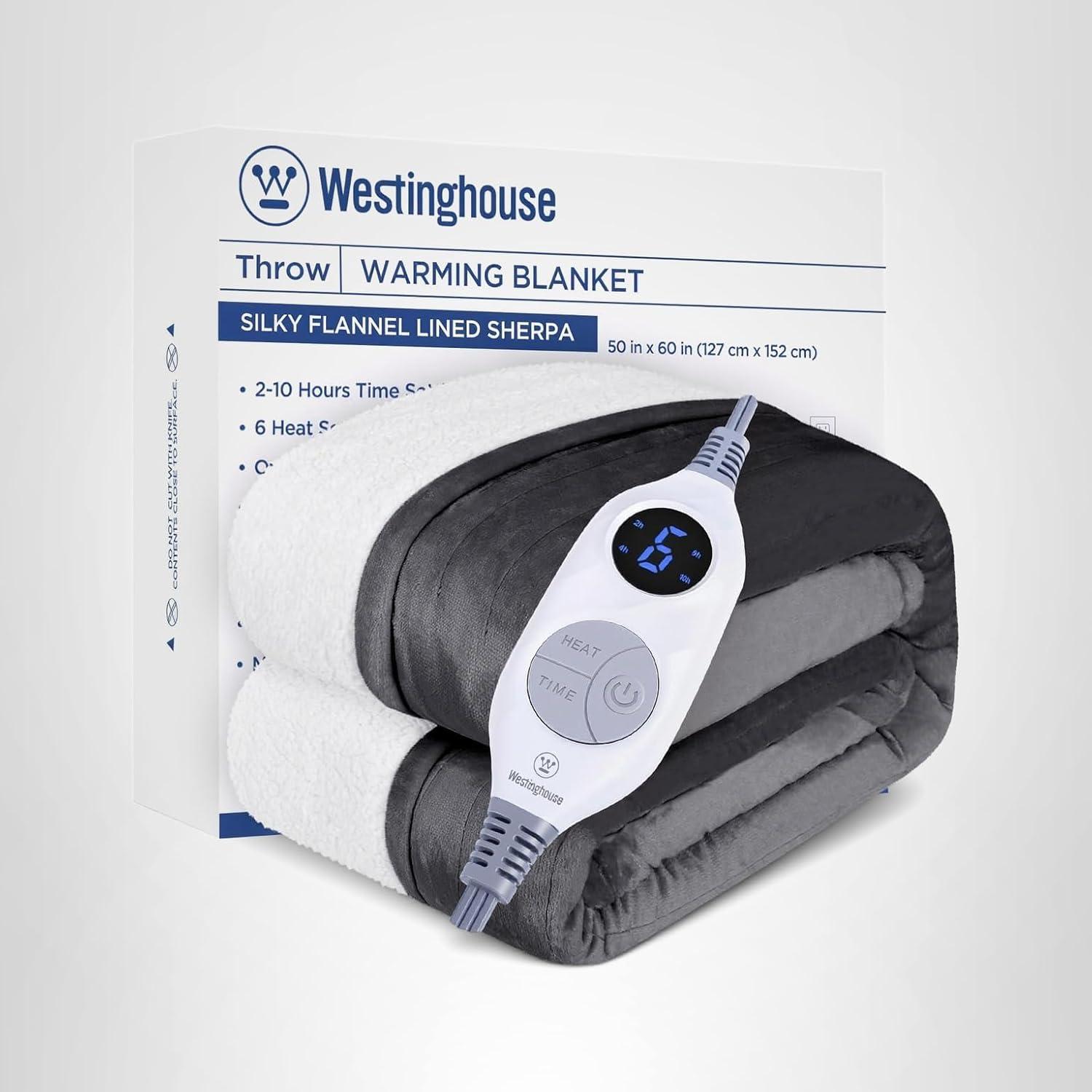 image:imageWestinghouse Heated Throw Blanket Soft Flannel to Sherpa Electric Throw with 6 Heating Levels 210 Hours Time Settings Fast Heating Machine Washable 50x60 Inch Light GreyCharcoal