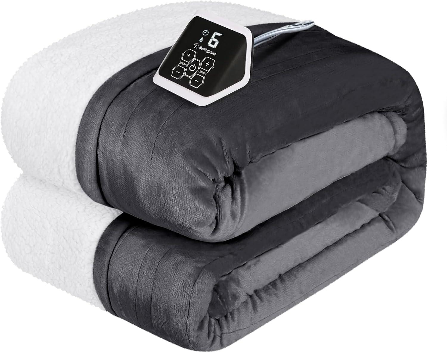 image:imageWestinghouse Heated Throw Blanket Soft Flannel to Sherpa Electric Throw with 6 Heating Levels 210 Hours Time Settings Fast Heating Machine Washable 50x60 Inch Light GreyCharcoal