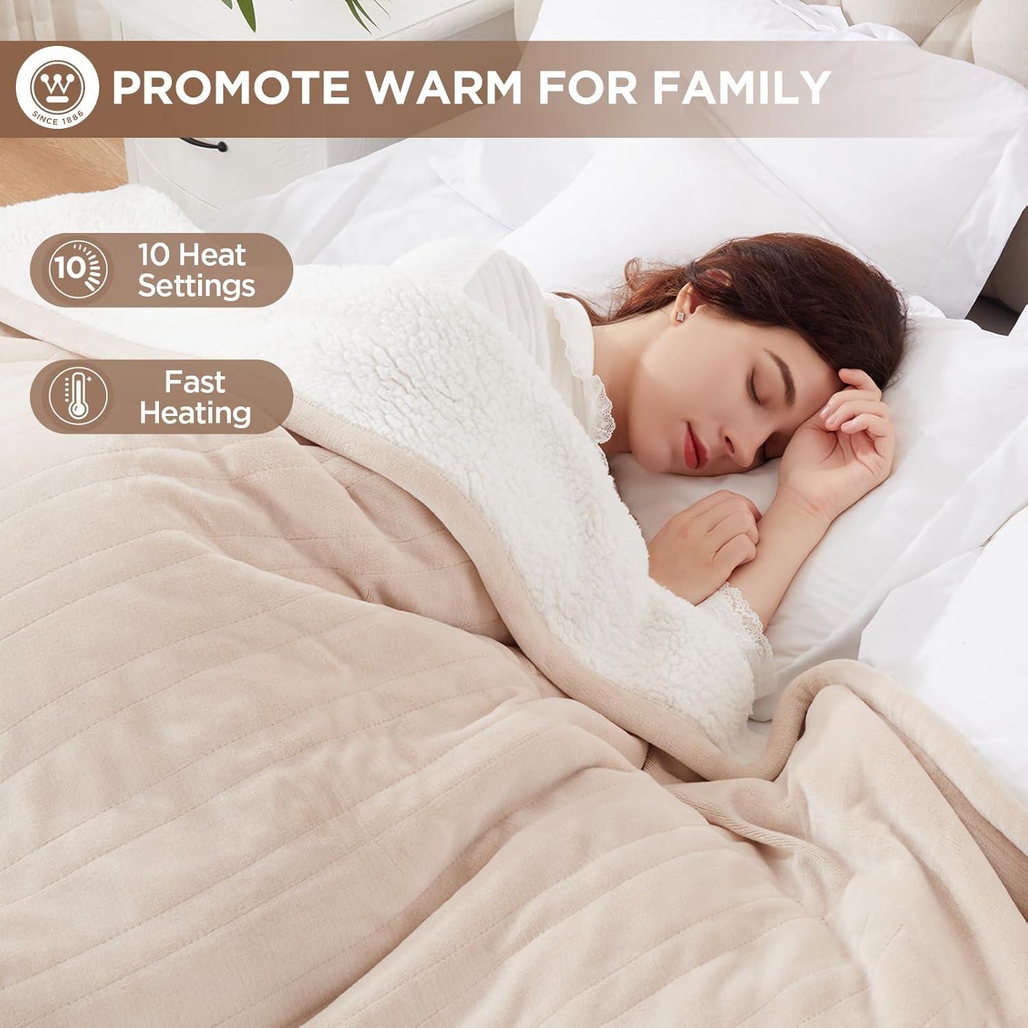 image:imageWestinghouse Heated Throw Blanket Soft Flannel to Sherpa Electric Throw with 6 Heating Levels 210 Hours Time Settings Fast Heating Machine Washable 50x60 Inch Light GreyBeige