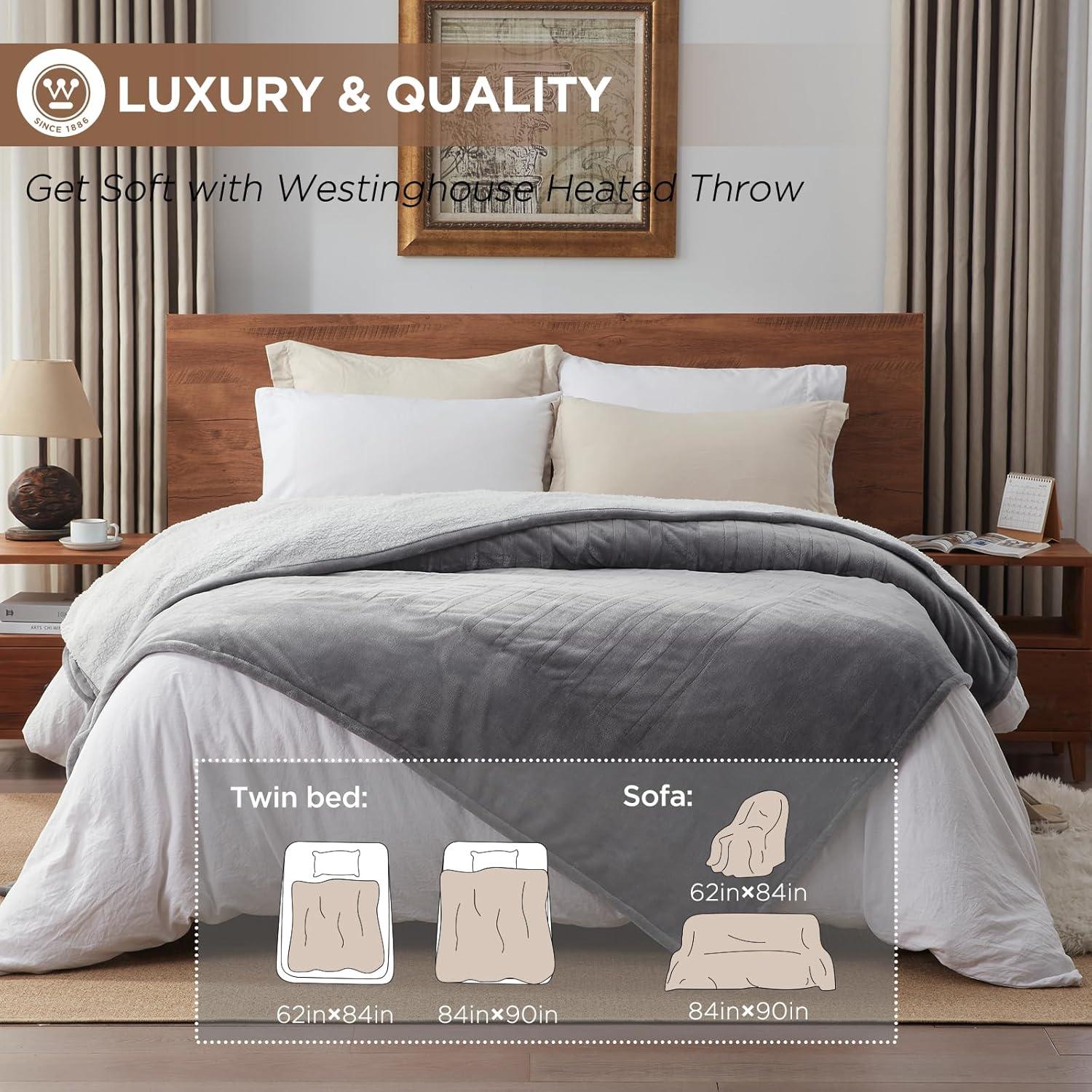 image:imageWestinghouse Heated Throw Blanket Soft Flannel to Sherpa Electric Throw with 6 Heating Levels 210 Hours Time Settings Fast Heating Machine Washable 50x60 Inch Light GreyLight Grey