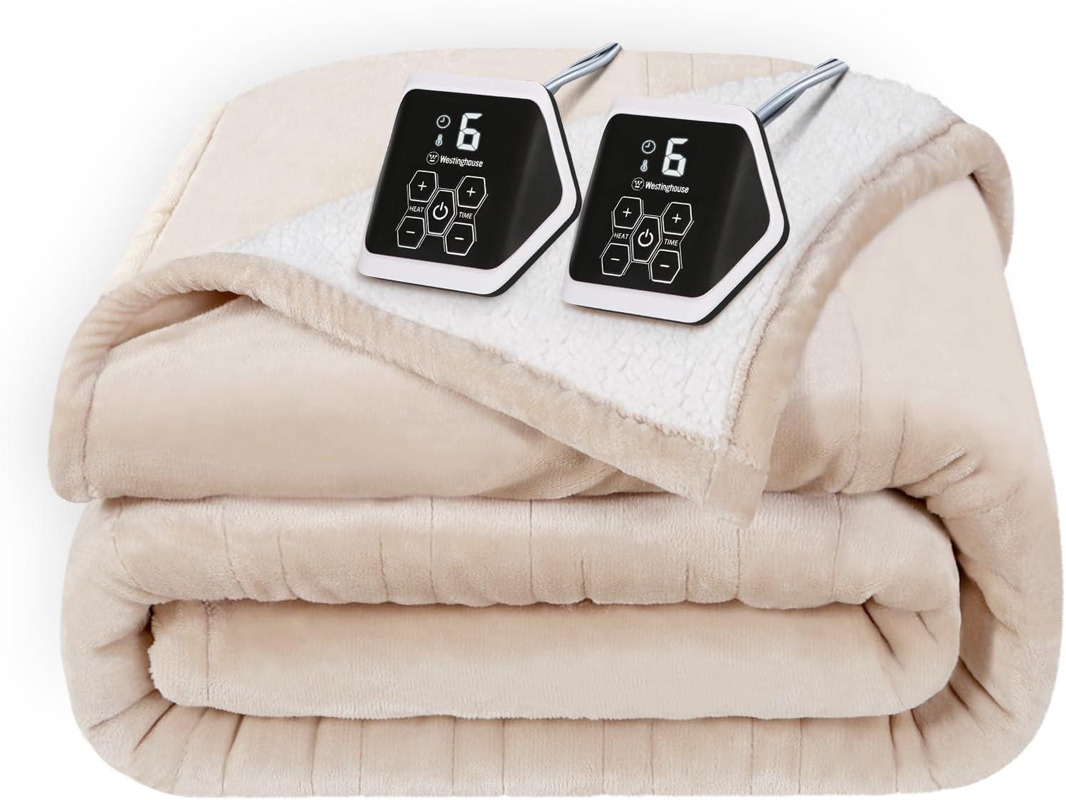 image:imageWestinghouse Heated Throw Blanket Soft Flannel to Sherpa Electric Throw with 6 Heating Levels 210 Hours Time Settings Fast Heating Machine Washable 50x60 Inch Light GreyBeige