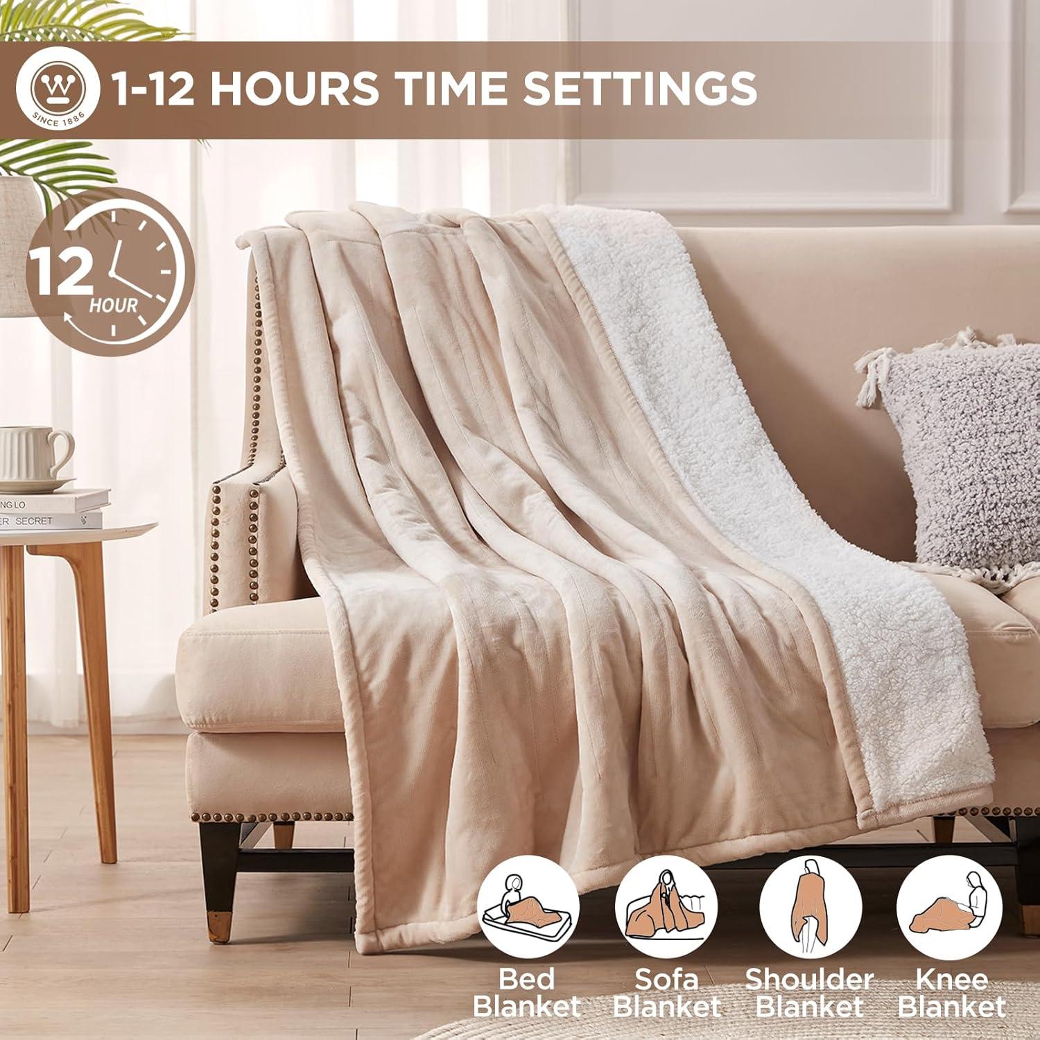image:imageWestinghouse Heated Throw Blanket Soft Flannel to Sherpa Electric Throw with 6 Heating Levels 210 Hours Time Settings Fast Heating Machine Washable 50x60 Inch Light GreyBeige
