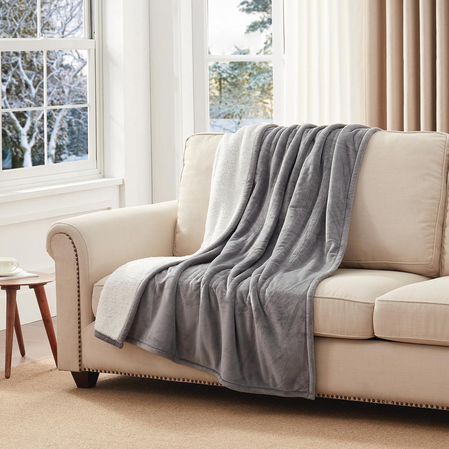 image:imageWestinghouse Heated Throw Blanket Soft Flannel to Sherpa Electric Throw with 6 Heating Levels 210 Hours Time Settings Fast Heating Machine Washable 50x60 Inch Light GreyLight Grey