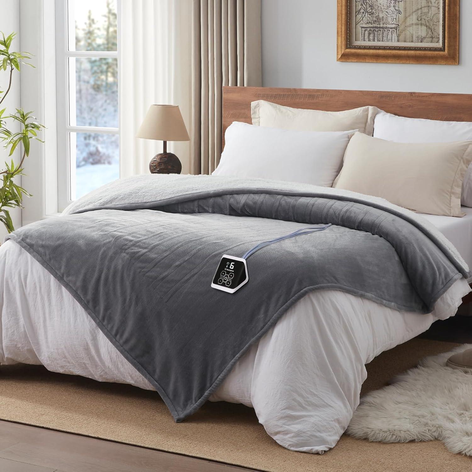 image:imageWestinghouse Heated Throw Blanket Soft Flannel to Sherpa Electric Throw with 6 Heating Levels 210 Hours Time Settings Fast Heating Machine Washable 50x60 Inch Light GreyLight Grey