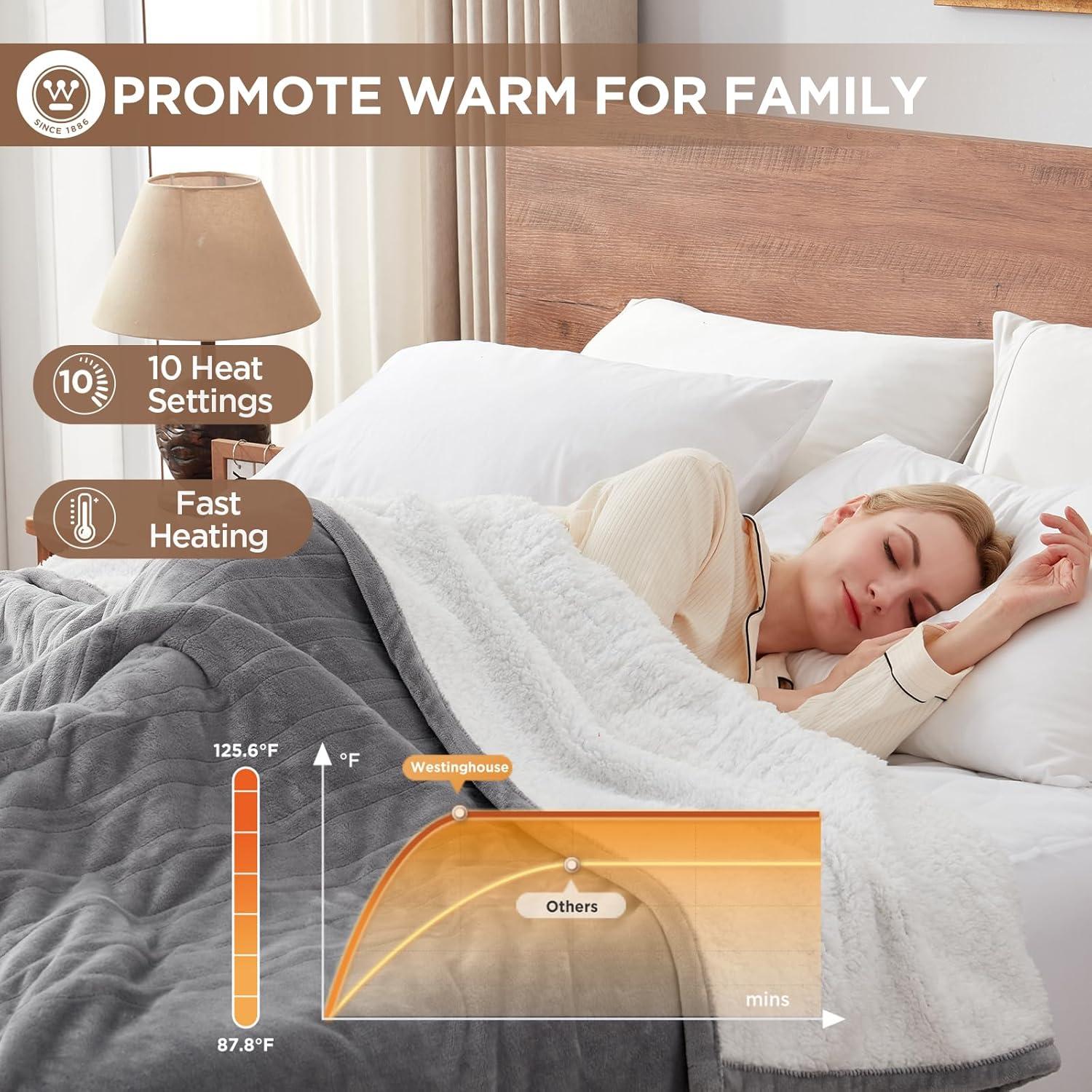 image:imageWestinghouse Heated Throw Blanket Soft Flannel to Sherpa Electric Throw with 6 Heating Levels 210 Hours Time Settings Fast Heating Machine Washable 50x60 Inch Light GreyLight Grey