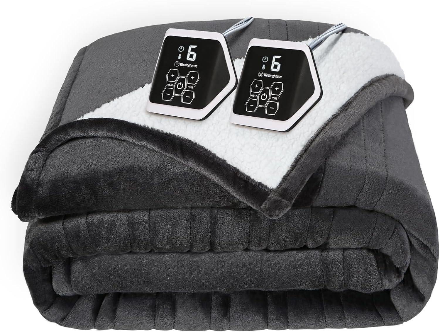 image:imageWestinghouse Heated Throw Blanket Soft Flannel to Sherpa Electric Throw with 6 Heating Levels 210 Hours Time Settings Fast Heating Machine Washable 50x60 Inch Light GreyCharcoal