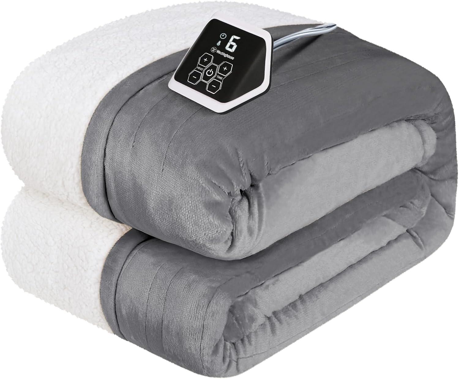 image:imageWestinghouse Heated Throw Blanket Soft Flannel to Sherpa Electric Throw with 6 Heating Levels 210 Hours Time Settings Fast Heating Machine Washable 50x60 Inch Light GreyLight Grey