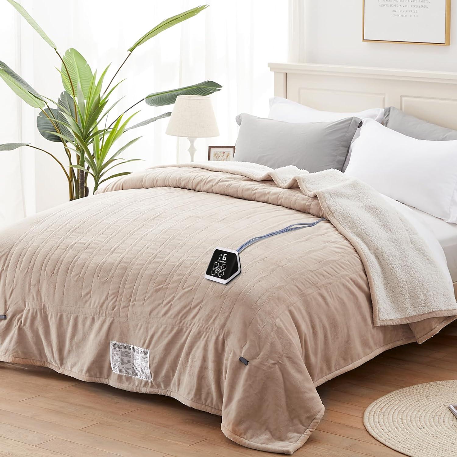 image:imageWestinghouse Heated Throw Blanket Soft Flannel to Sherpa Electric Throw with 6 Heating Levels 210 Hours Time Settings Fast Heating Machine Washable 50x60 Inch Light GreyBeige