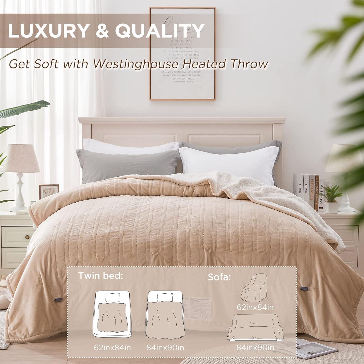 image:imageWestinghouse Heated Throw Blanket Soft Flannel to Sherpa Electric Throw with 6 Heating Levels 210 Hours Time Settings Fast Heating Machine Washable 50x60 Inch Light GreyBeige