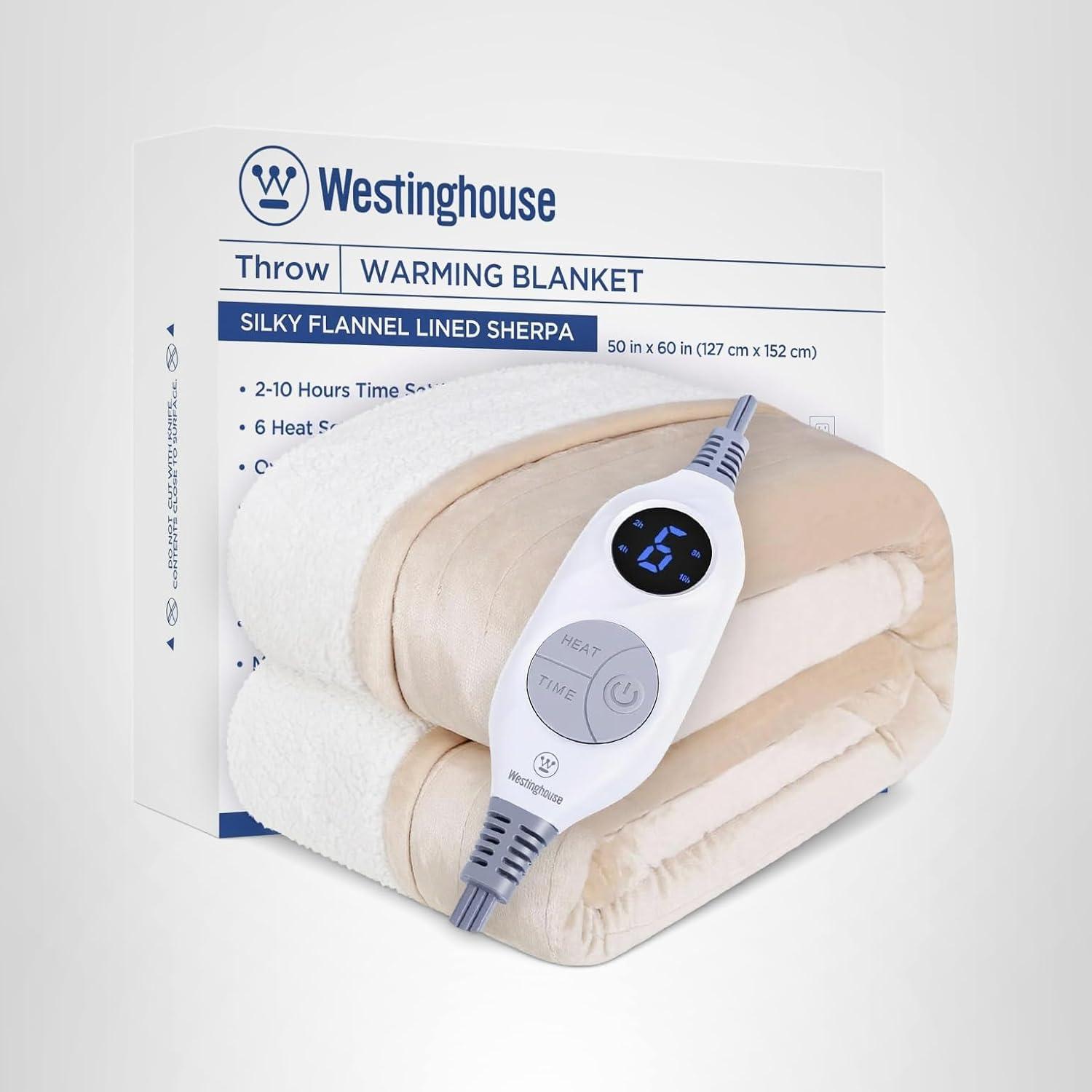 image:imageWestinghouse Heated Throw Blanket Soft Flannel to Sherpa Electric Throw with 6 Heating Levels 210 Hours Time Settings Fast Heating Machine Washable 50x60 Inch Light GreyBeige