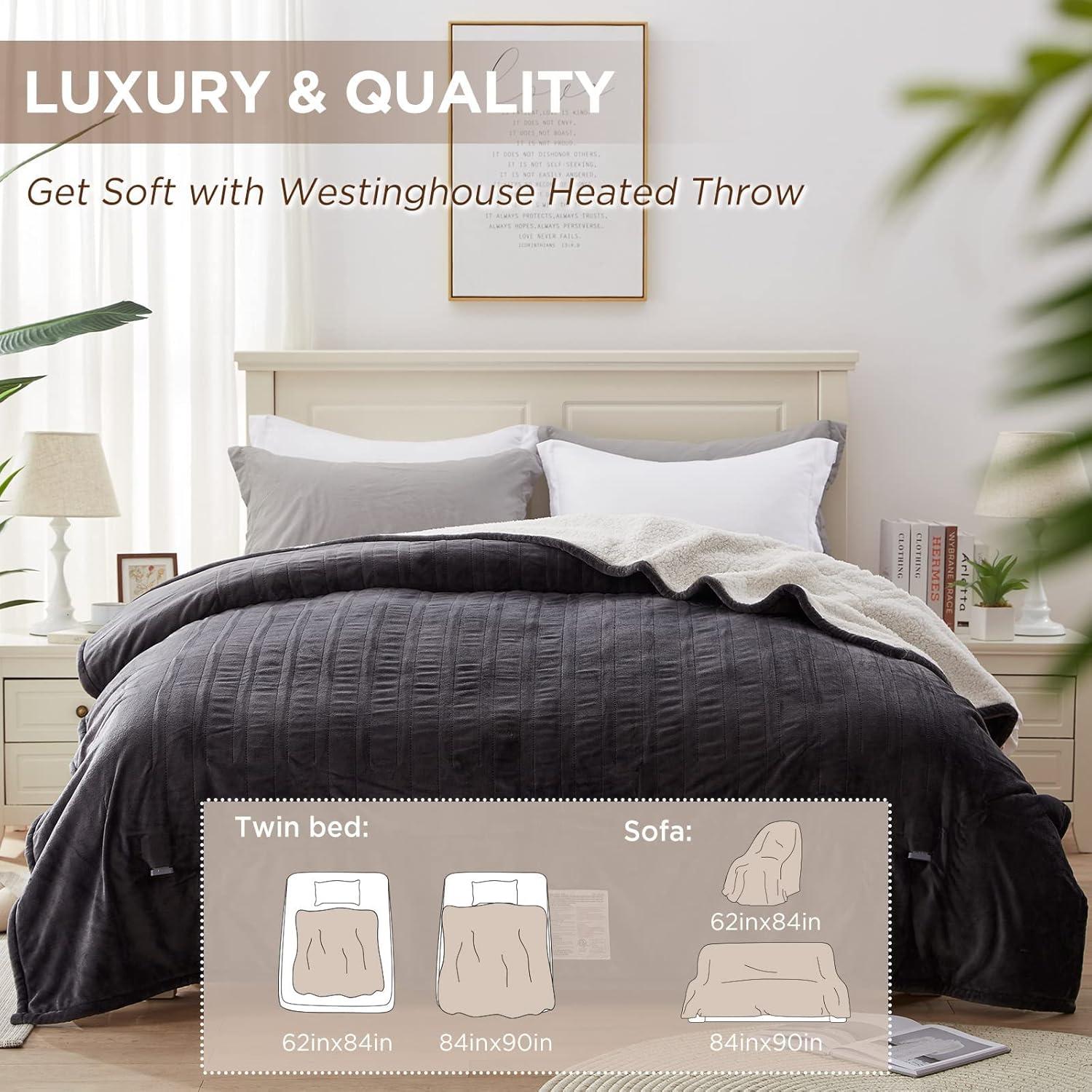 image:imageWestinghouse Heated Throw Blanket Soft Flannel to Sherpa Electric Throw with 6 Heating Levels 210 Hours Time Settings Fast Heating Machine Washable 50x60 Inch Light GreyCharcoal