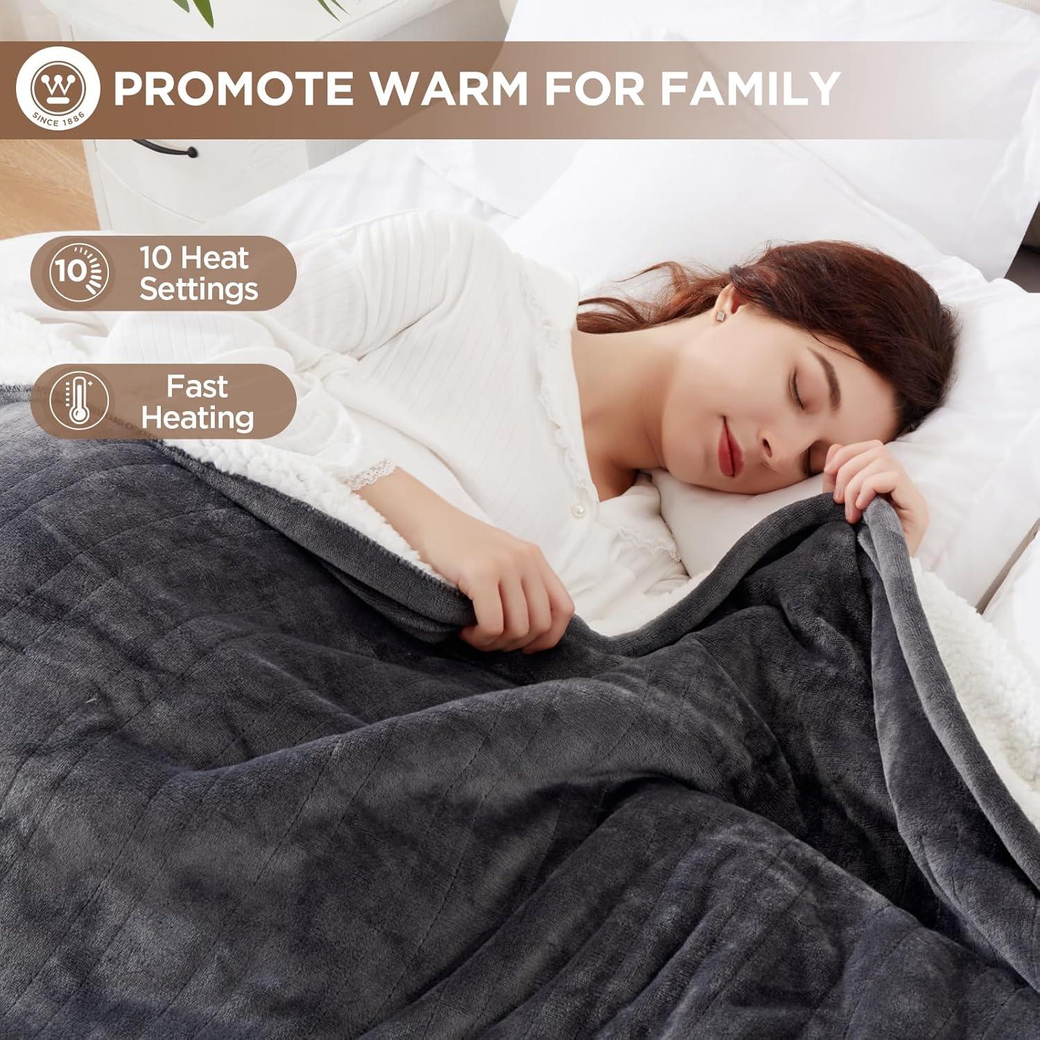 image:imageWestinghouse Heated Throw Blanket Soft Flannel to Sherpa Electric Throw with 6 Heating Levels 210 Hours Time Settings Fast Heating Machine Washable 50x60 Inch Light GreyCharcoal
