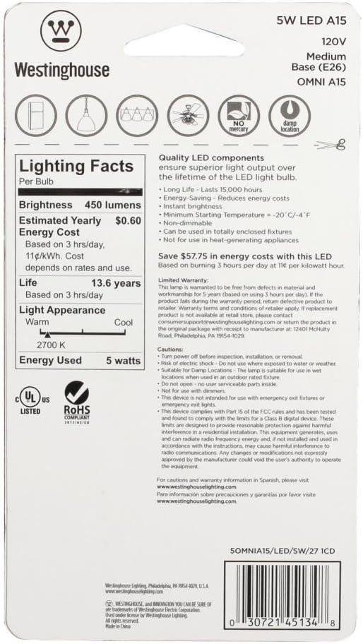 image:imageWestinghouse Lighting 4513400 40Watt Equivalent A15 Soft White LED Light Bulb with Medium Base Single4 Count Pack of 1