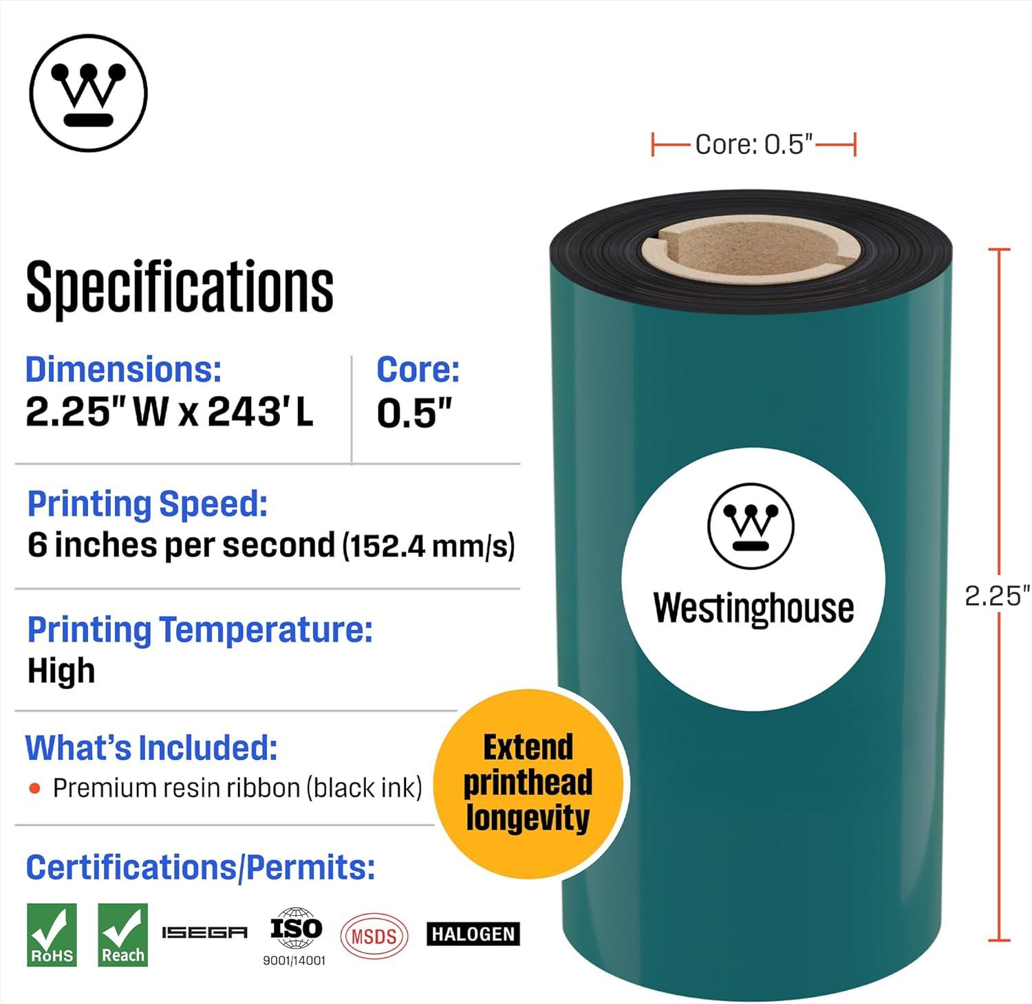image:imageWestinghouse Premium Oil Change Stickers Resin Ribbon 225 x 243 05 Core 57mm x 74m Thermal Transfer Health Care Manufacturing Laboratories Sticker Works with Zebra TLP 2824 Plus 5100