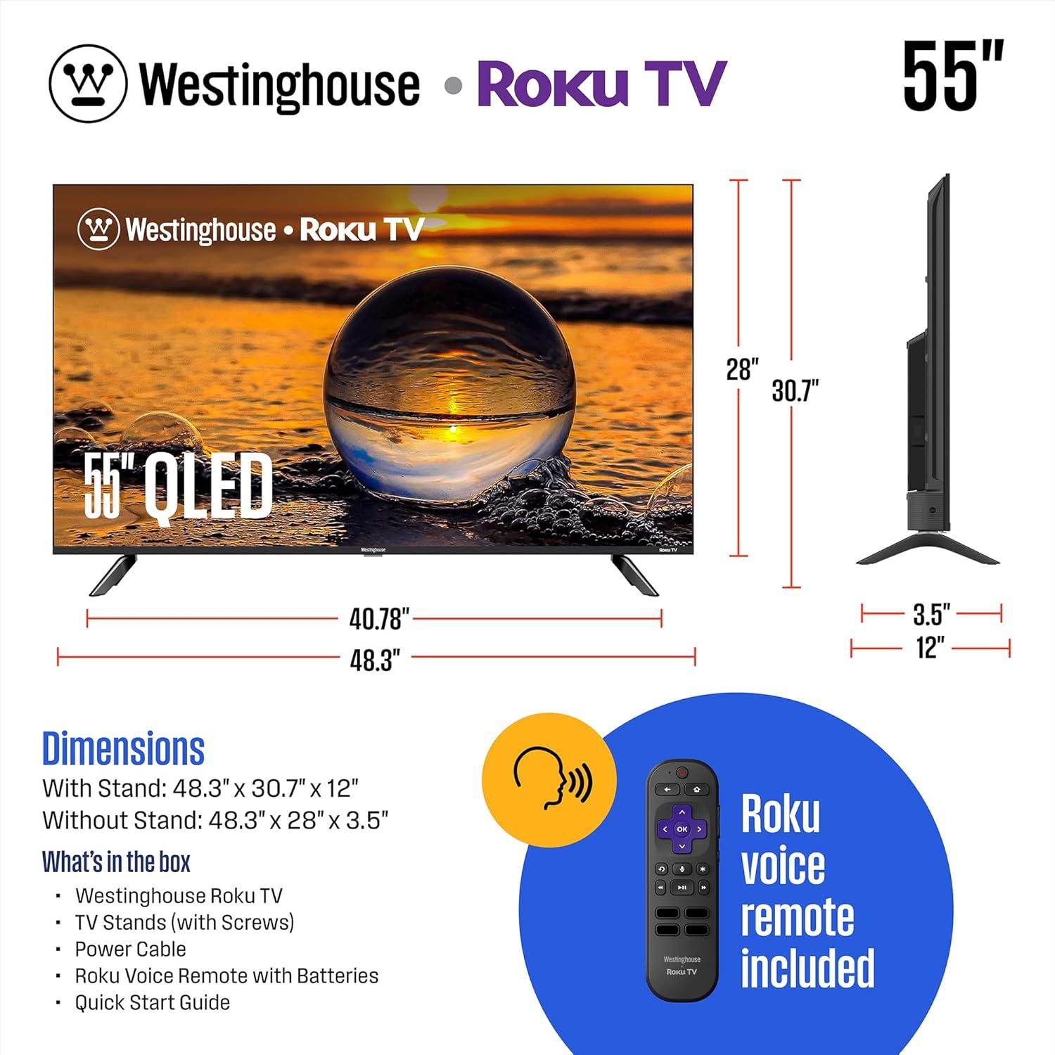 image:imageWestinghouse Roku TV 43 Inch Smart TV 4K UHD Television with WiFi Connectivity and Mobile App Flat Screen Bluetooth Compatible with Apple AirPlay Alexa and Google Assistant55 Inch QLED