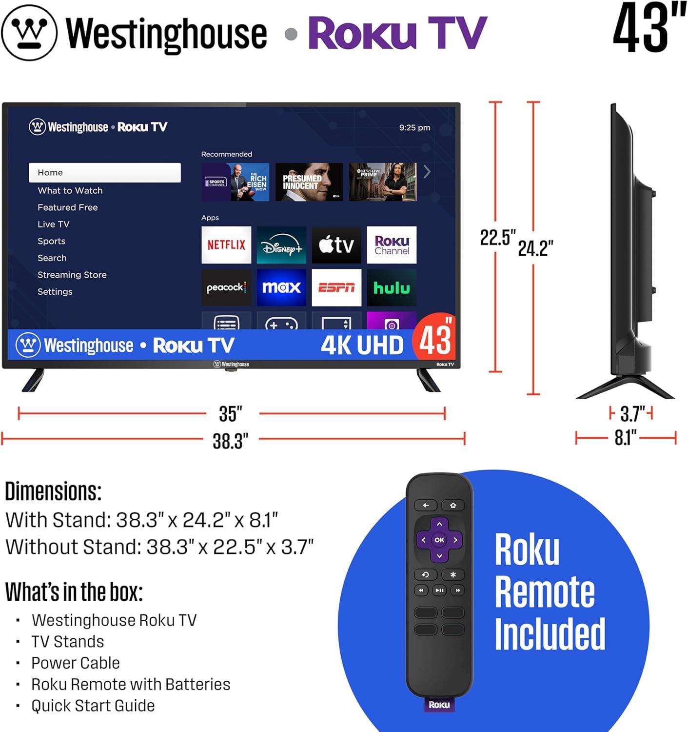 image:imageWestinghouse Roku TV 50 Inch Smart TV 4K UHD Television with WiFi Connectivity and Mobile App Flat Screen Bluetooth Compatible with Apple AirPlay Alexa and Google Assistant43 Inch
