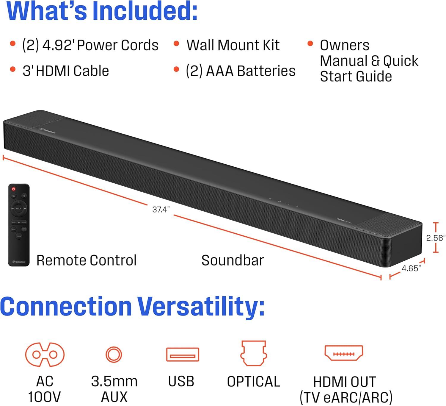 image:imageWestinghouse Sound Bar for Smart TV 20 Compact Soundbar with Dolby Atmos and Digital Plus 120W Surround Sound System for TV Home Theater Audio eArc HDMI Bluetooth Roku TV Ready312 Channel AllinOne Soundbar