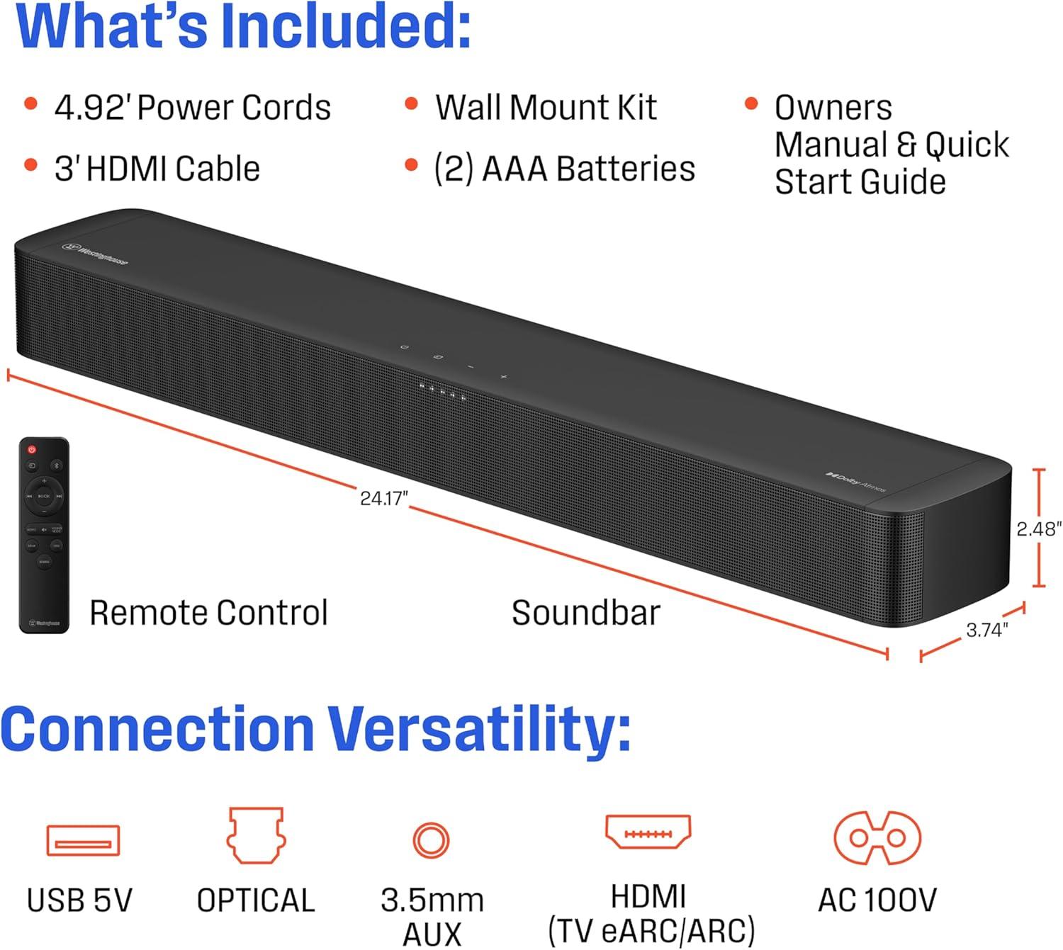 image:imageWestinghouse Sound Bar for Smart TV 20 Compact Soundbar with Dolby Atmos and Digital Plus 120W Surround Sound System for TV Home Theater Audio eArc HDMI Bluetooth Roku TV Ready20 Channel Compact Soundbar