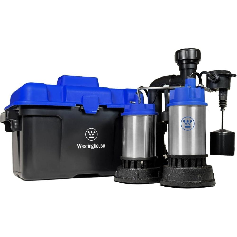 image:imageWestinghouse Sump Pump Battery Back Up Combo System 12 HP with 12 Volt Battery Backup Capability Integrated Vertical Float Switch Up to 5200 Gallons Per Hour Heavy Duty Basement Sump Pump