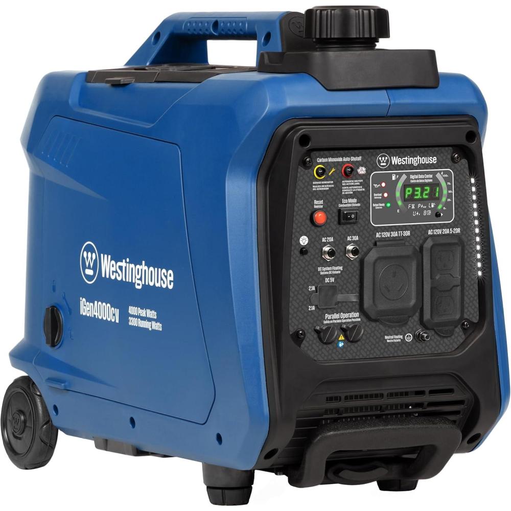 image:imageWestinghouse 5000 Peak Watt Super Quiet Portable Inverter Generator Wheel amp Handle Kit RV Ready 30A Outlet Gas Powered CO Sensor Parallel CapableBlue4000 Watts Gas Only Recoil Start