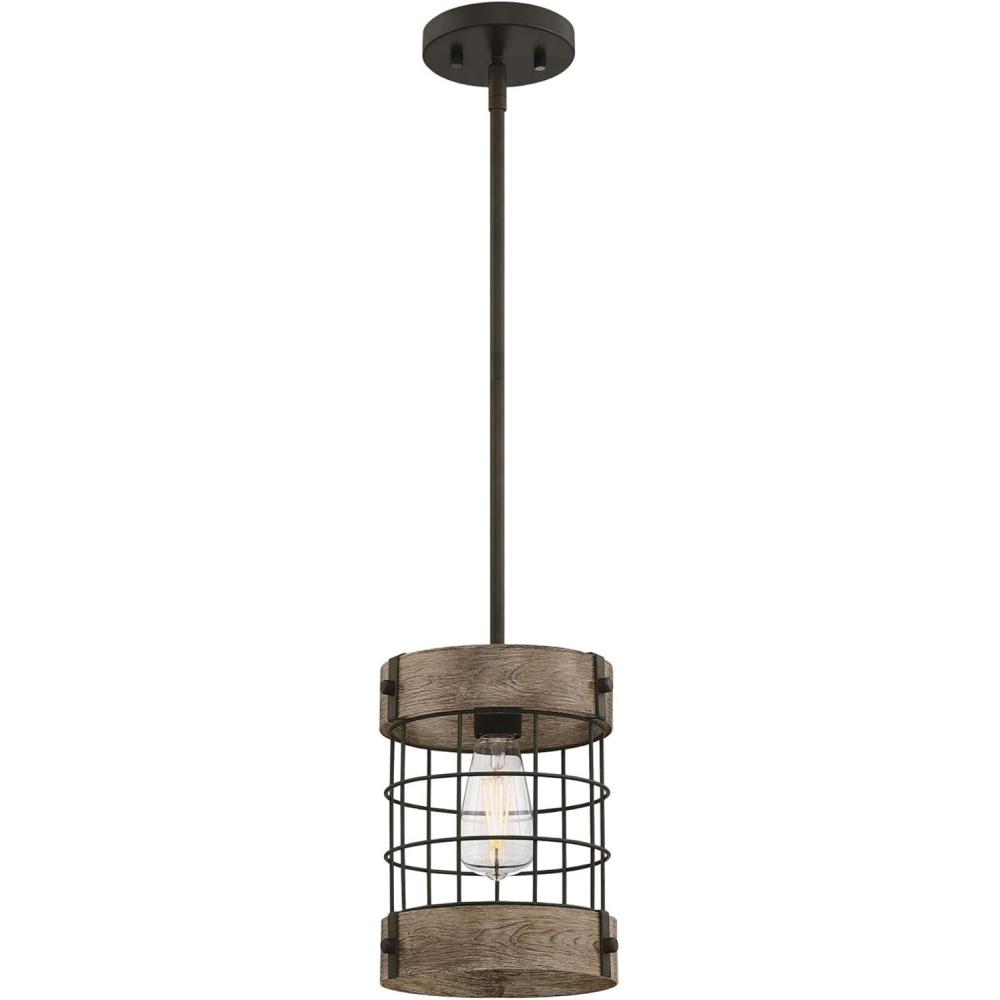 image:imageWestinghouse 6117900 Langston VintageStyle OneLight Indoor Pendant Light Matte Black Finish with Barnwood Accents Cage ShadeOil Rubbed Bronze and Pine Accents