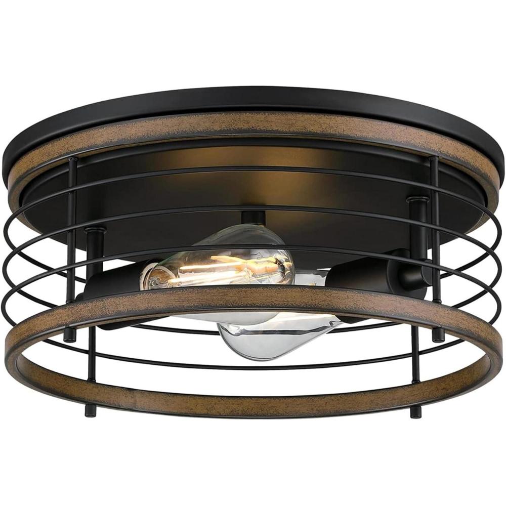 image:imageWestinghouse 6125000 Ackton VintageStyle 13 Inch Two Light Flush Mount Ceiling Fixture Matte Black Finish with Barnwood Accents1 Count Pack of 1