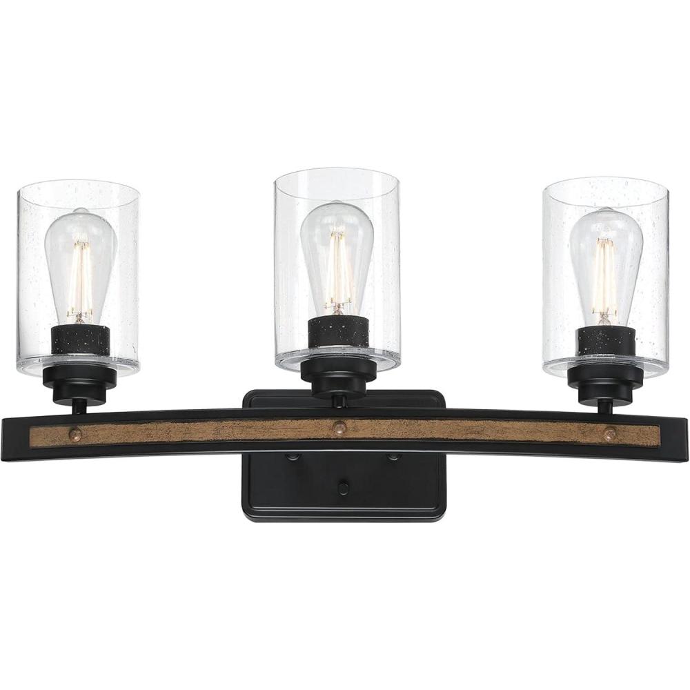 image:imageWestinghouse 6128700 Broomall Transitional Three Light Wall Fixture Matte Black Finish with Barnwood Accents Clear Seeded Glass